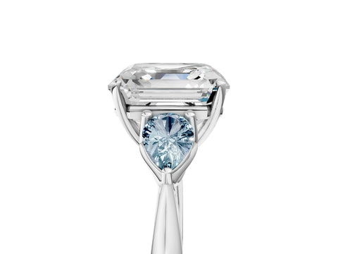White gold Asscher Cut Diamond Three-Stone Ring with Pear with Aquamarine side stone Side Stones and Prong Setting_53