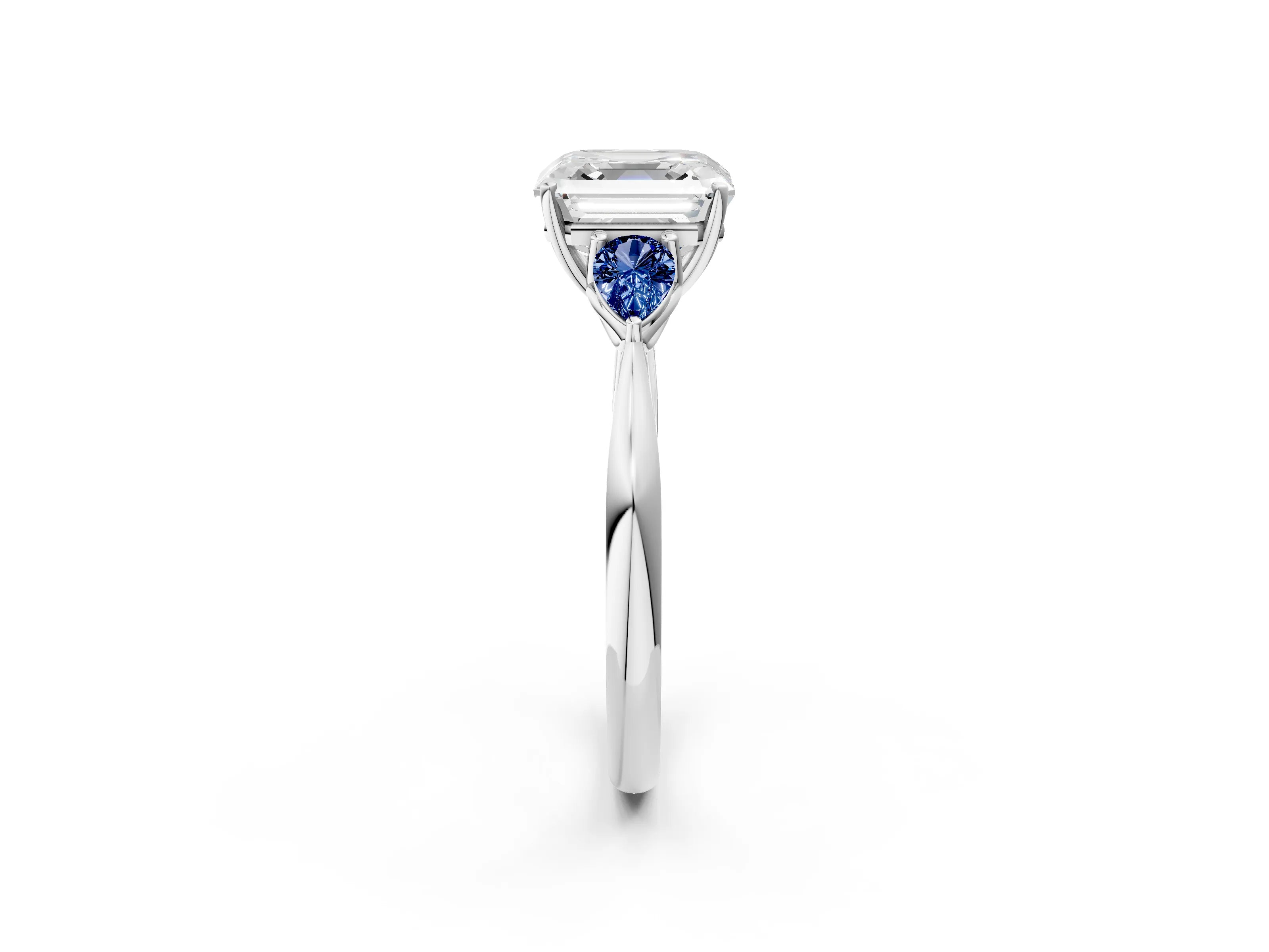 White gold Asscher Cut Diamond Three-Stone Ring with Pear with Blue Sapphire side stone Side Stones and Prong Setting_14