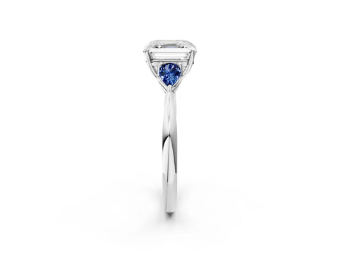 White gold Asscher Cut Diamond Three-Stone Ring with Pear with Blue Sapphire side stone Side Stones and Prong Setting_14