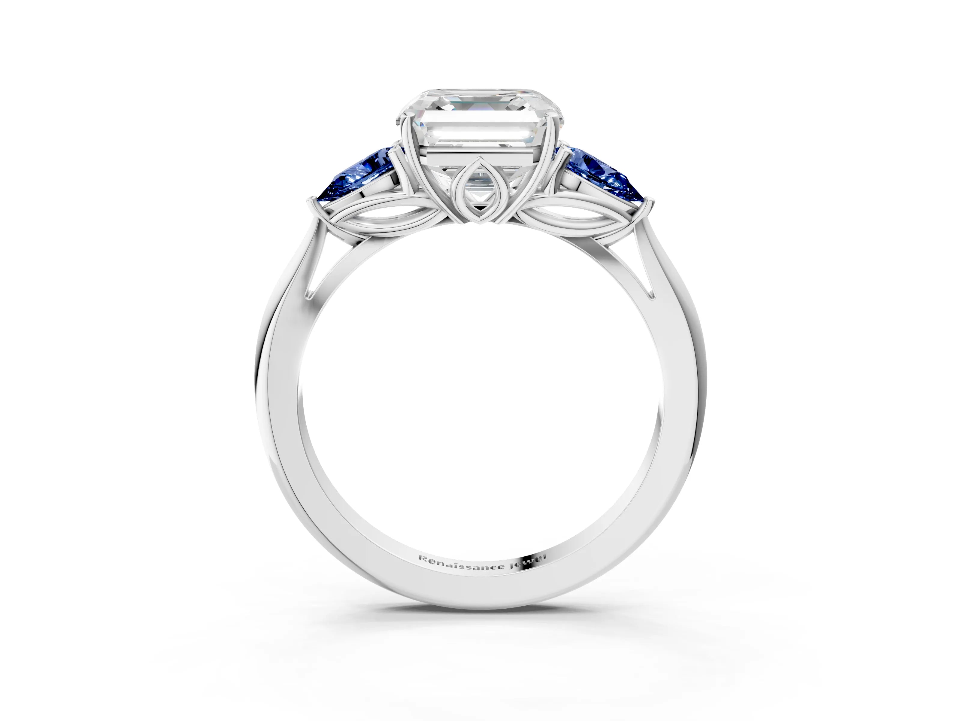 White gold Asscher Cut Diamond Three-Stone Ring with Pear with Blue Sapphire side stone Side Stones and Prong Setting_15
