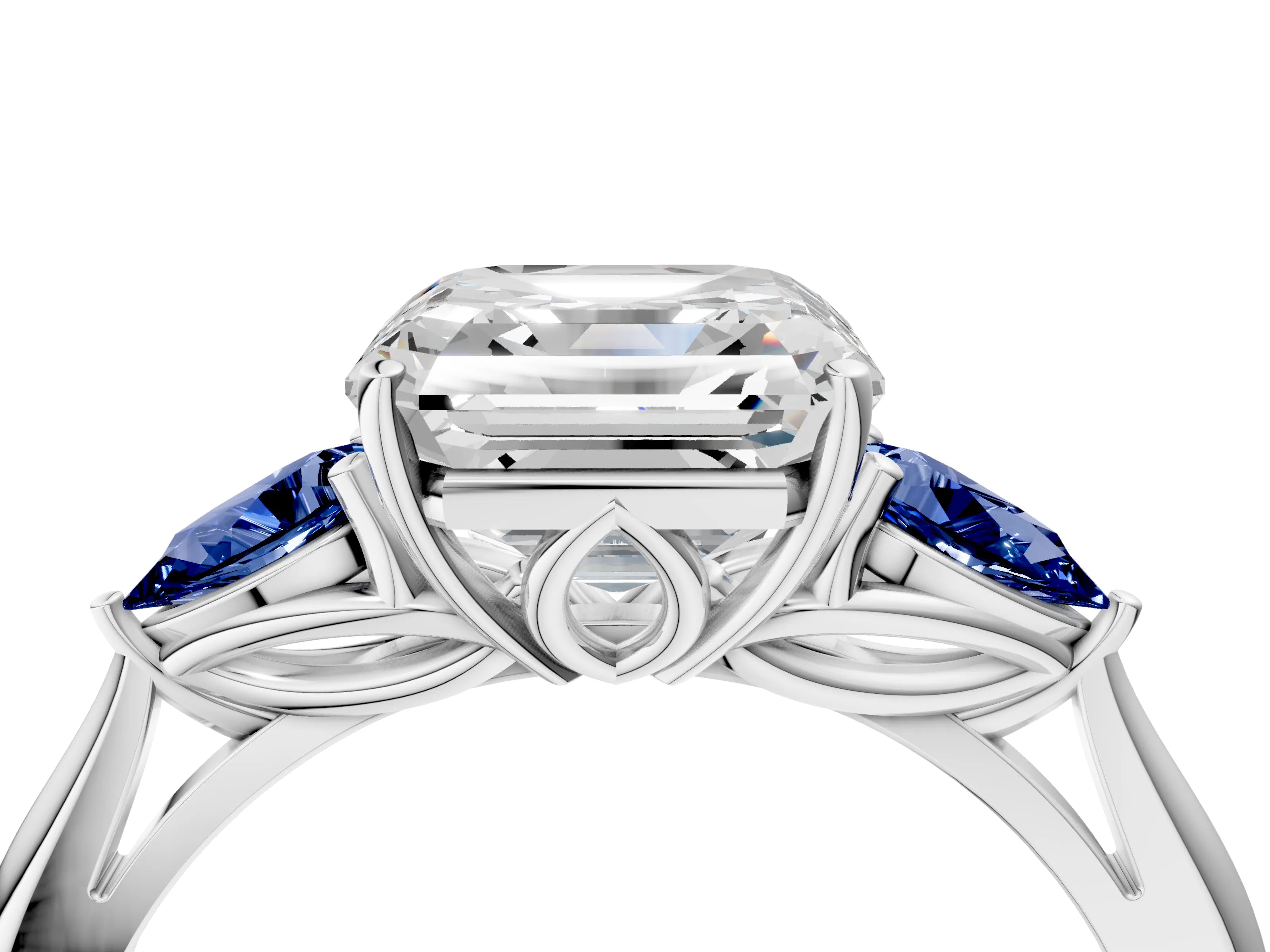 White gold Asscher Cut Diamond Three-Stone Ring with Pear with Blue Sapphire side stone Side Stones and Prong Setting_16