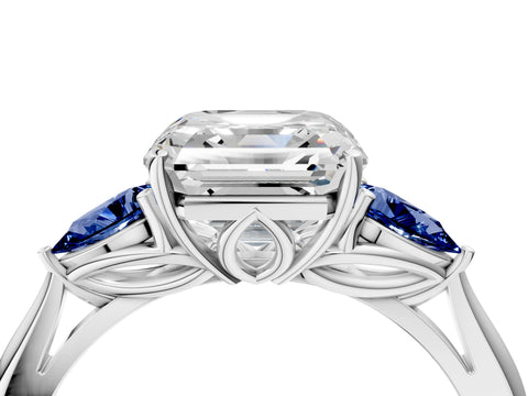 White gold Asscher Cut Diamond Three-Stone Ring with Pear with Blue Sapphire side stone Side Stones and Prong Setting_16