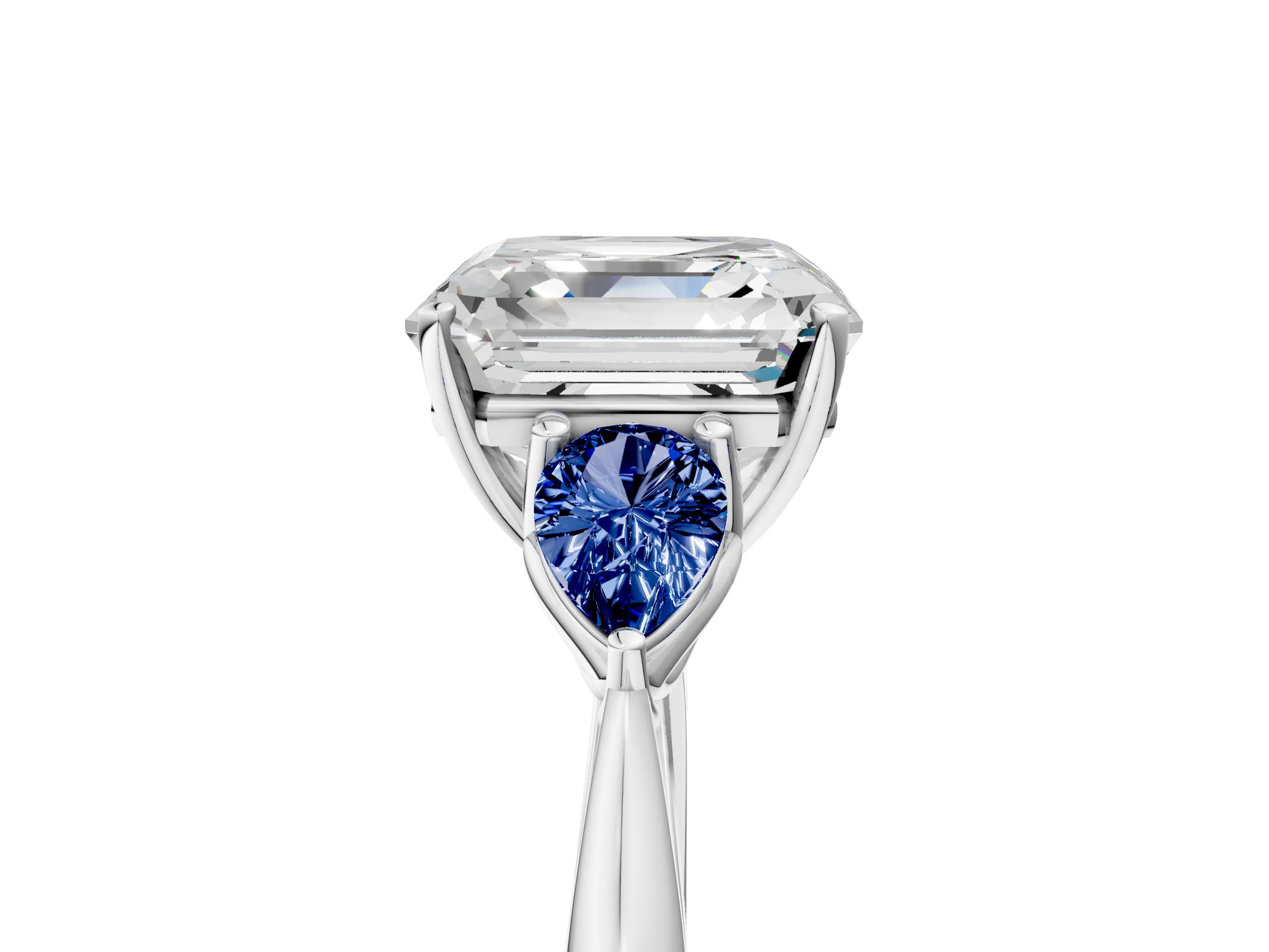 White gold Asscher Cut Diamond Three-Stone Ring with Pear with Blue Sapphire side stone Side Stones and Prong Setting_17