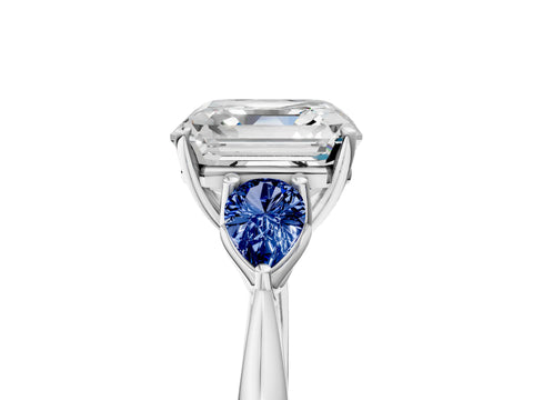 White gold Asscher Cut Diamond Three-Stone Ring with Pear with Blue Sapphire side stone Side Stones and Prong Setting_17