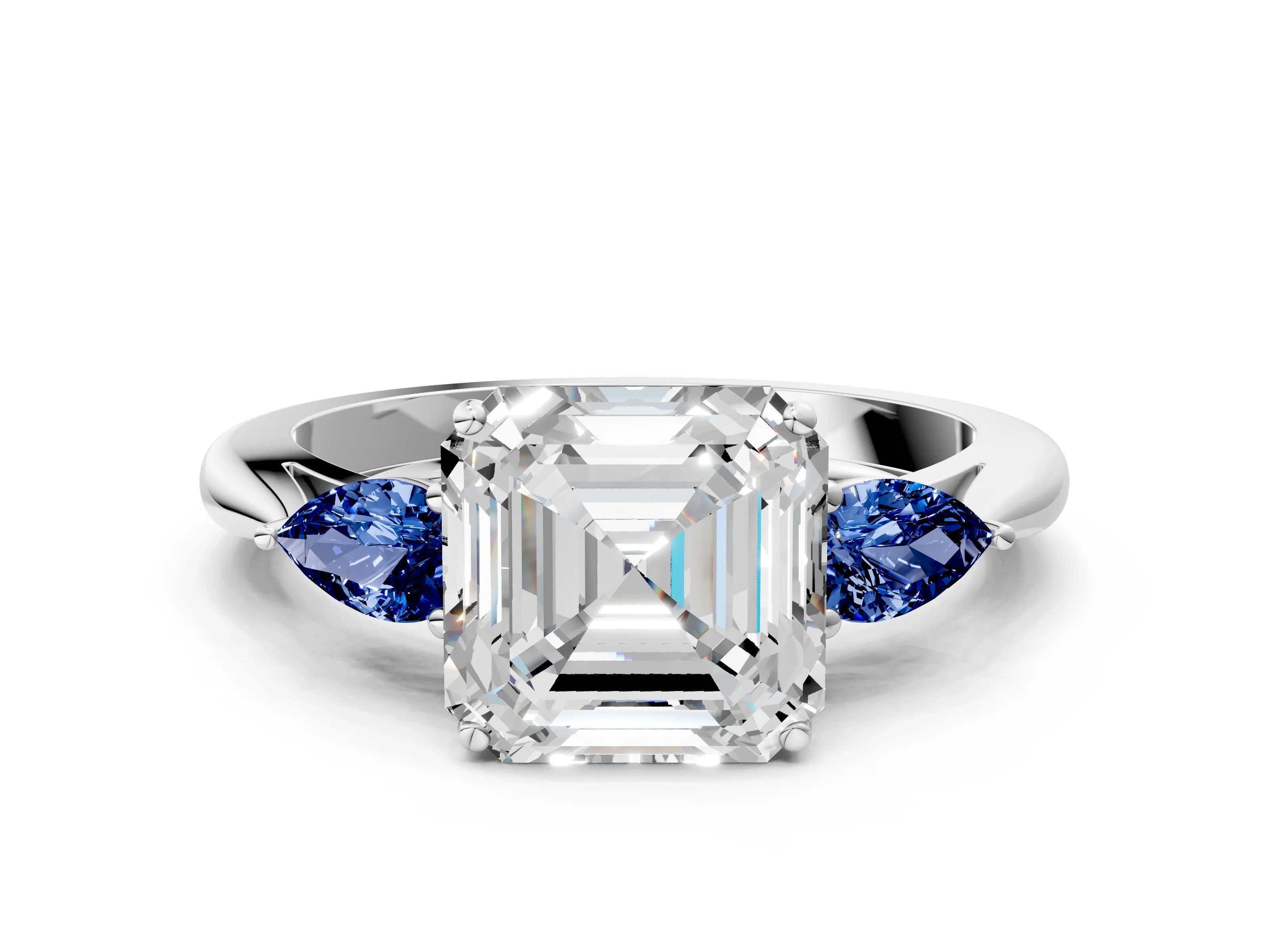 White gold Asscher Cut Diamond Three-Stone Ring with Pear with Blue Sapphire side stone Side Stones and Prong Setting_24
