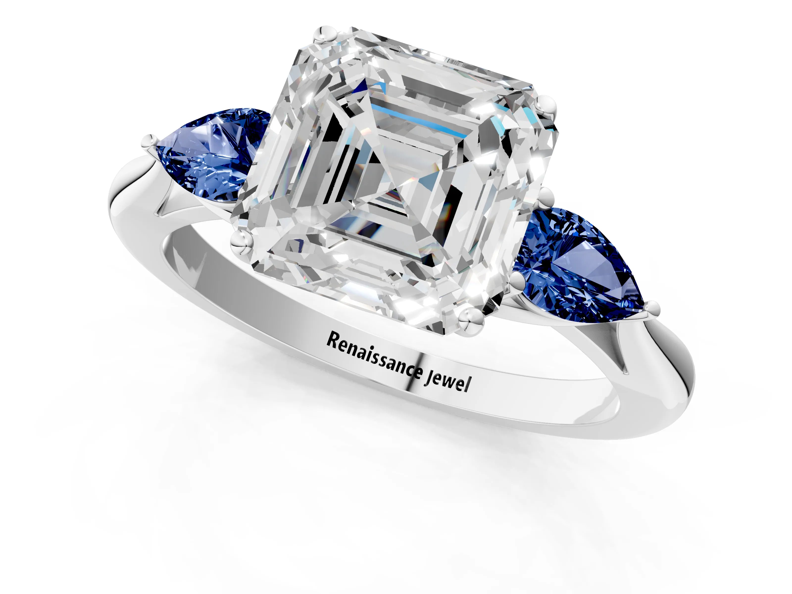 White gold Asscher Cut Diamond Three-Stone Ring with Pear with Blue Sapphire side stone Side Stones and Prong Setting_25