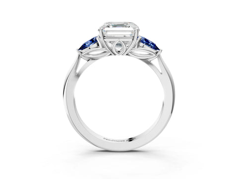White gold Asscher Cut Diamond Three-Stone Ring with Pear with Blue Sapphire side stone Side Stones and Prong Setting_27