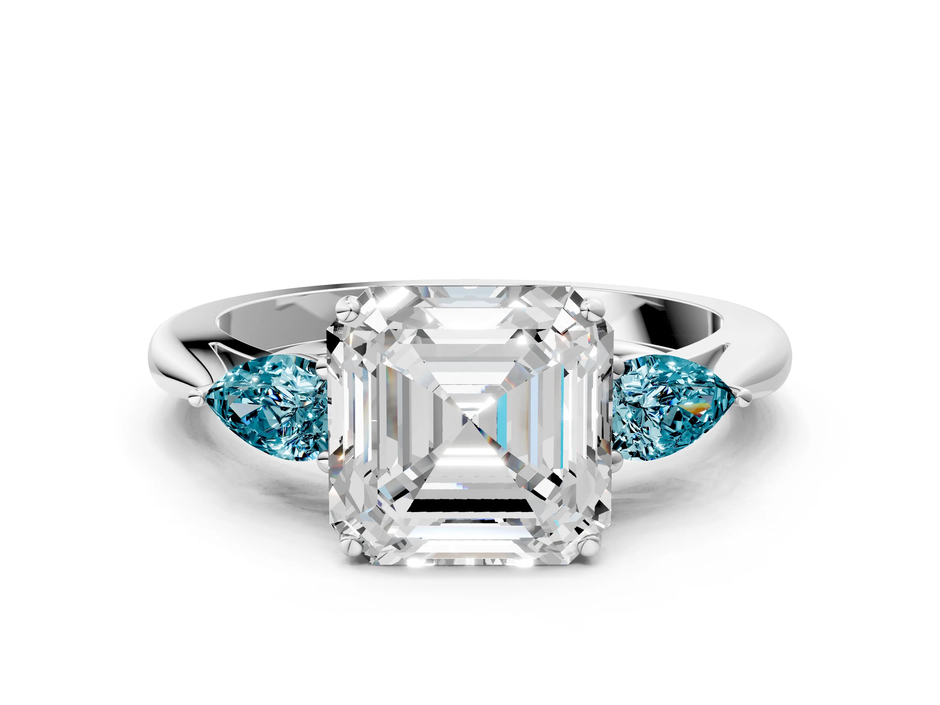 White gold Asscher Cut Diamond Three-Stone Ring with Pear with Blue Topaz side stone Side Stones and Prong Setting_36