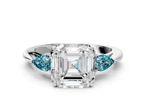 White gold Asscher Cut Diamond Three-Stone Ring with Pear with Blue Topaz side stone Side Stones and Prong Setting_36