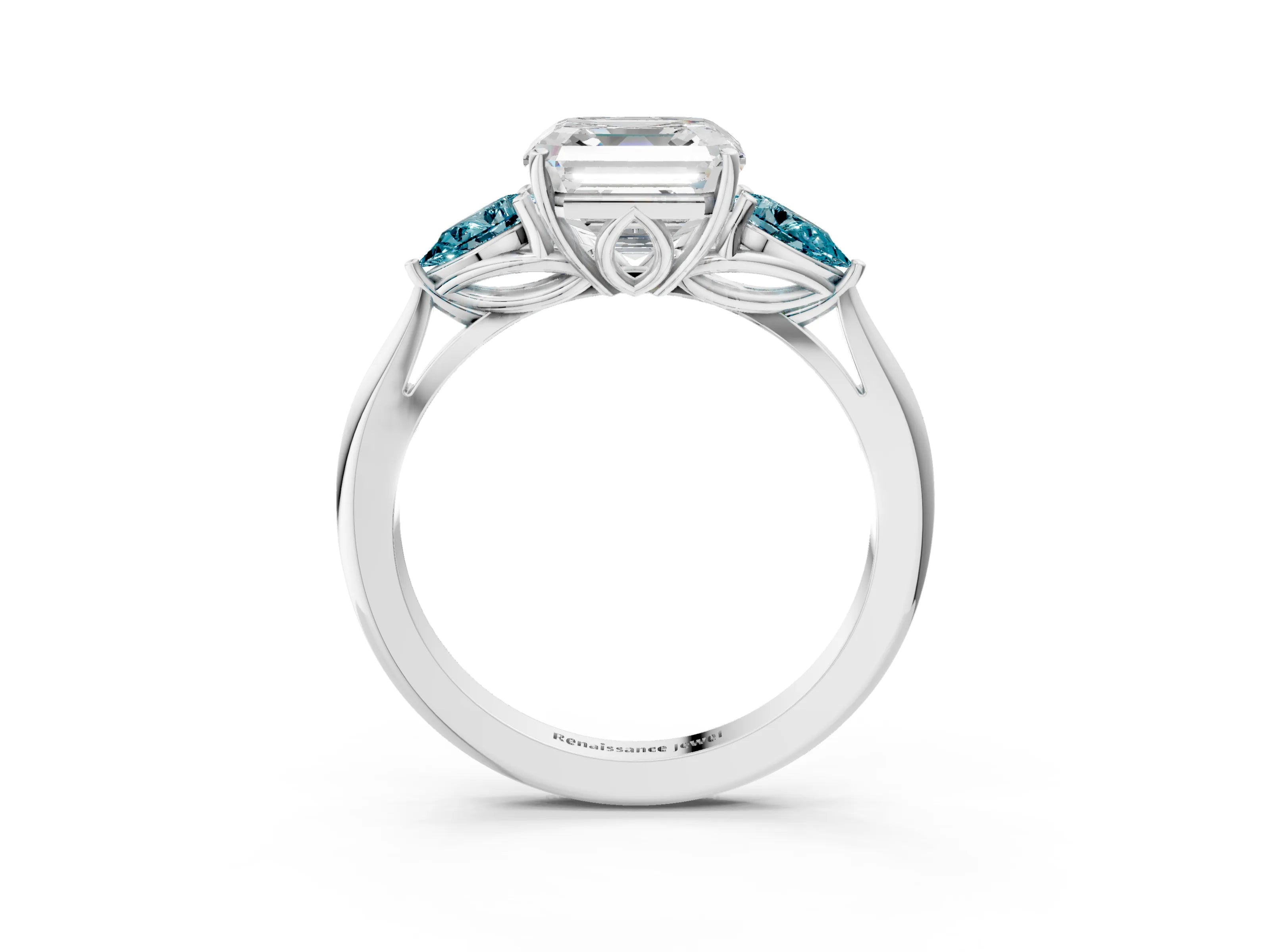 White gold Asscher Cut Diamond Three-Stone Ring with Pear with Blue Topaz side stone Side Stones and Prong Setting_39