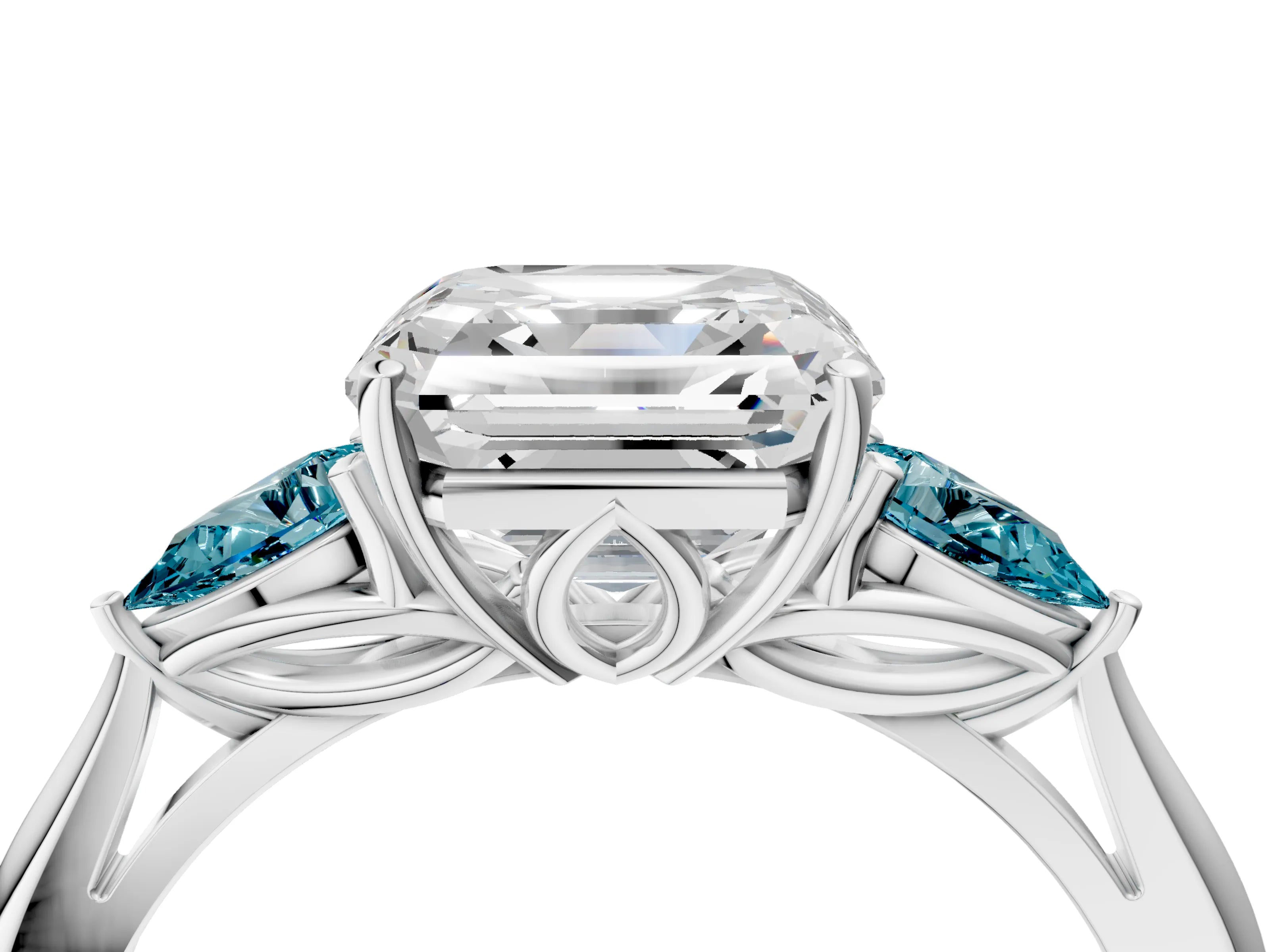 White gold Asscher Cut Diamond Three-Stone Ring with Pear with Blue Topaz side stone Side Stones and Prong Setting_40