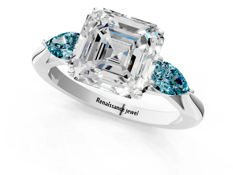 White gold Asscher Cut Diamond Three-Stone Ring with Pear with Blue Topaz side stone Side Stones and Prong Setting_49