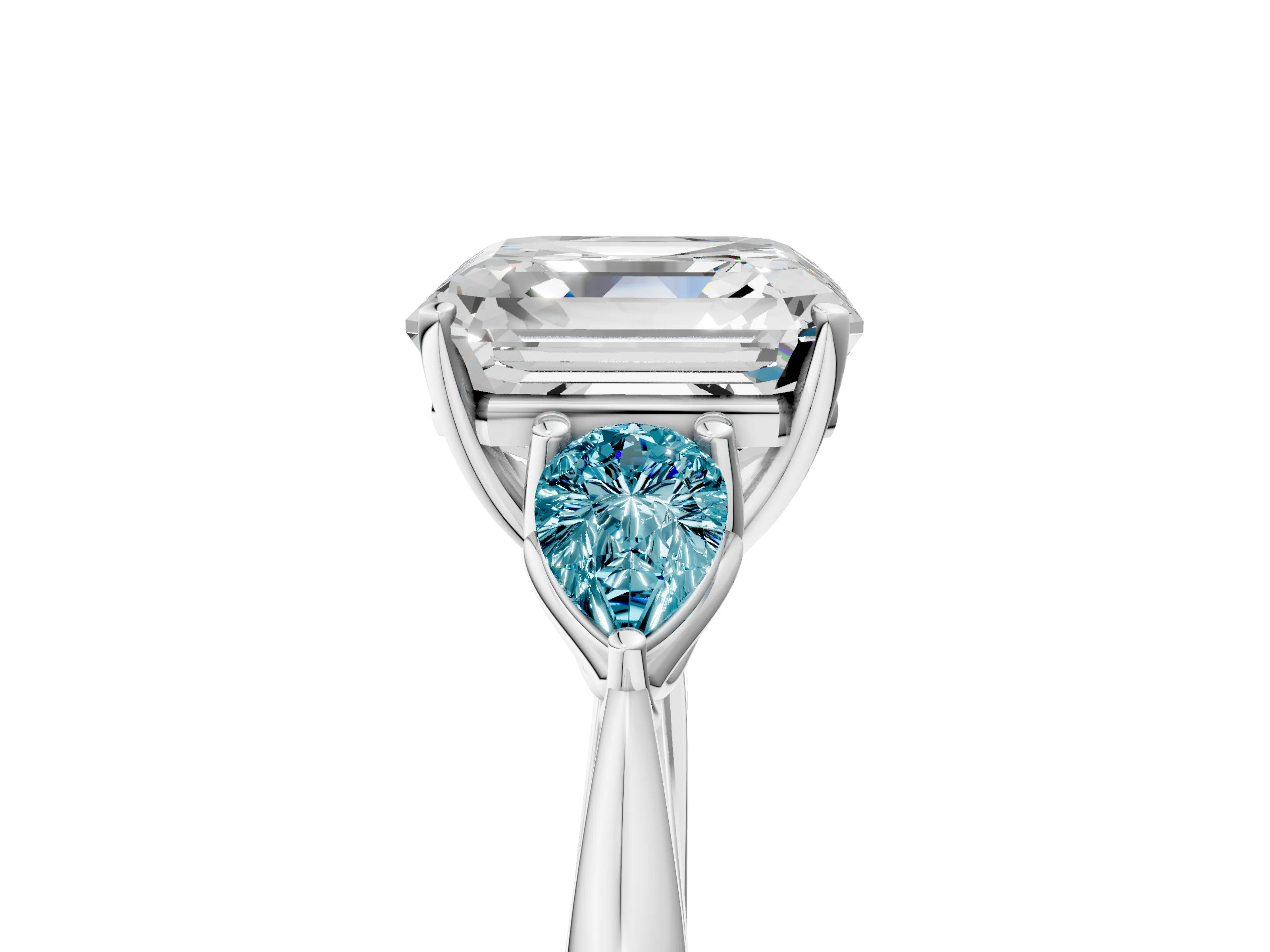 White gold Asscher Cut Diamond Three-Stone Ring with Pear with Blue Topaz side stone Side Stones and Prong Setting_53