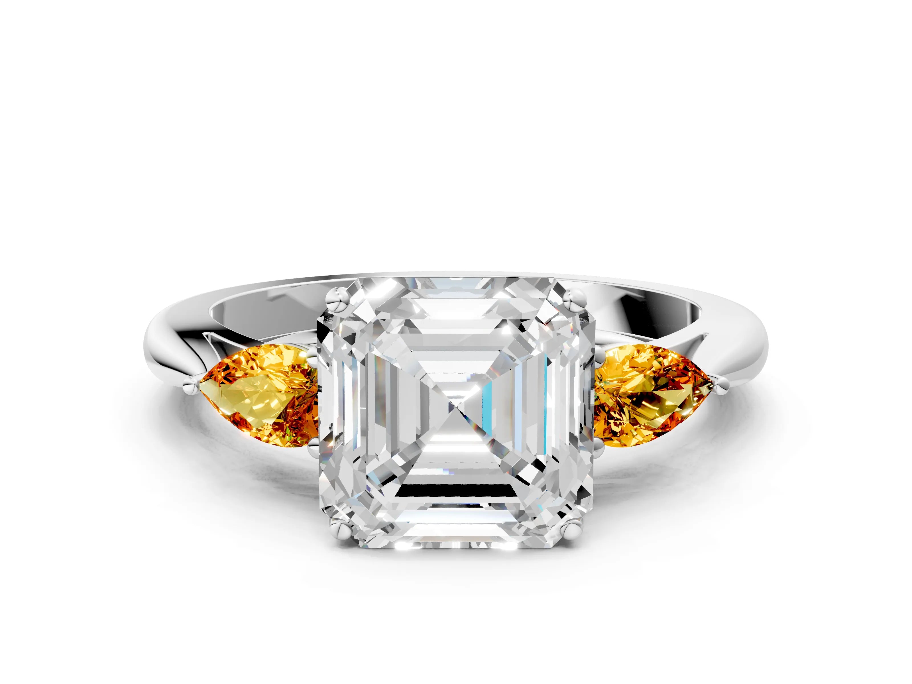 White gold Asscher Cut Diamond Three-Stone Ring with Pear with Citrine side stone Side Stones and Prong Setting_24