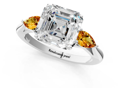 White gold Asscher Cut Diamond Three-Stone Ring with Pear with Citrine side stone Side Stones and Prong Setting_25