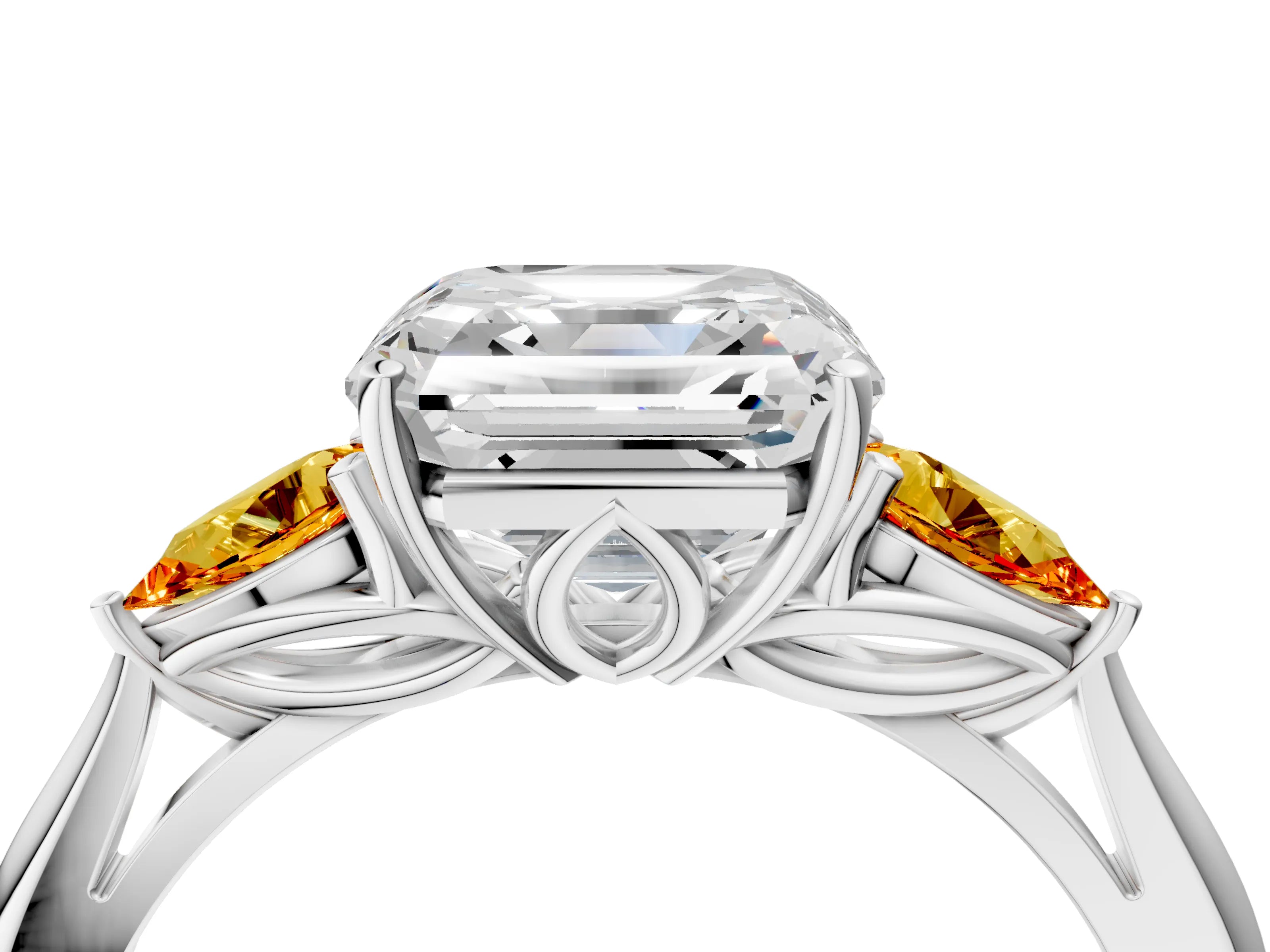 White gold Asscher Cut Diamond Three-Stone Ring with Pear with Citrine side stone Side Stones and Prong Setting_28