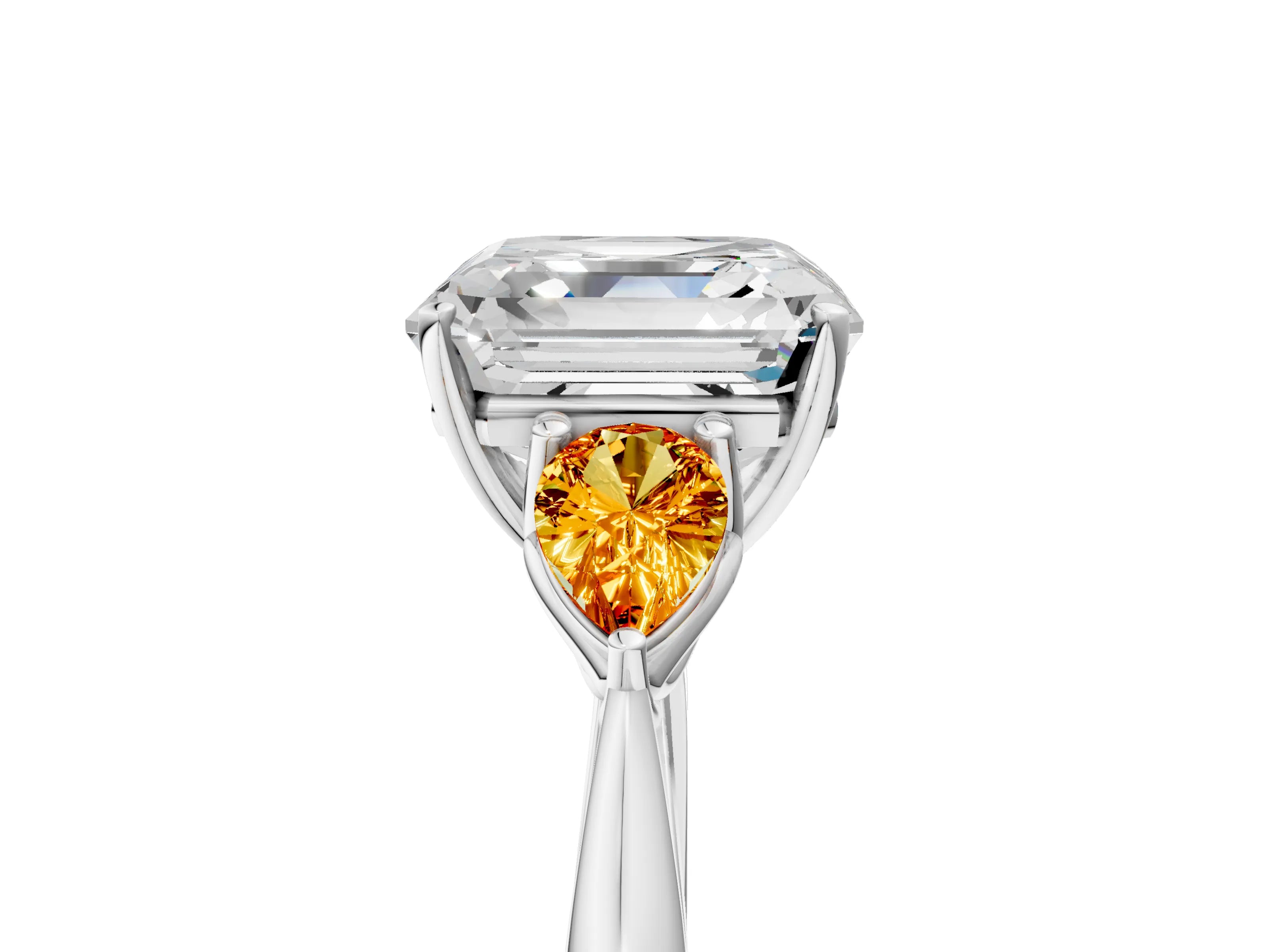 White gold Asscher Cut Diamond Three-Stone Ring with Pear with Citrine side stone Side Stones and Prong Setting_29