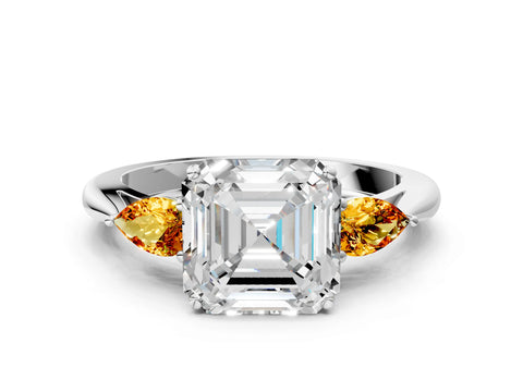 White gold Asscher Cut Diamond Three-Stone Ring with Pear with Citrine side stone Side Stones and Prong Setting_36