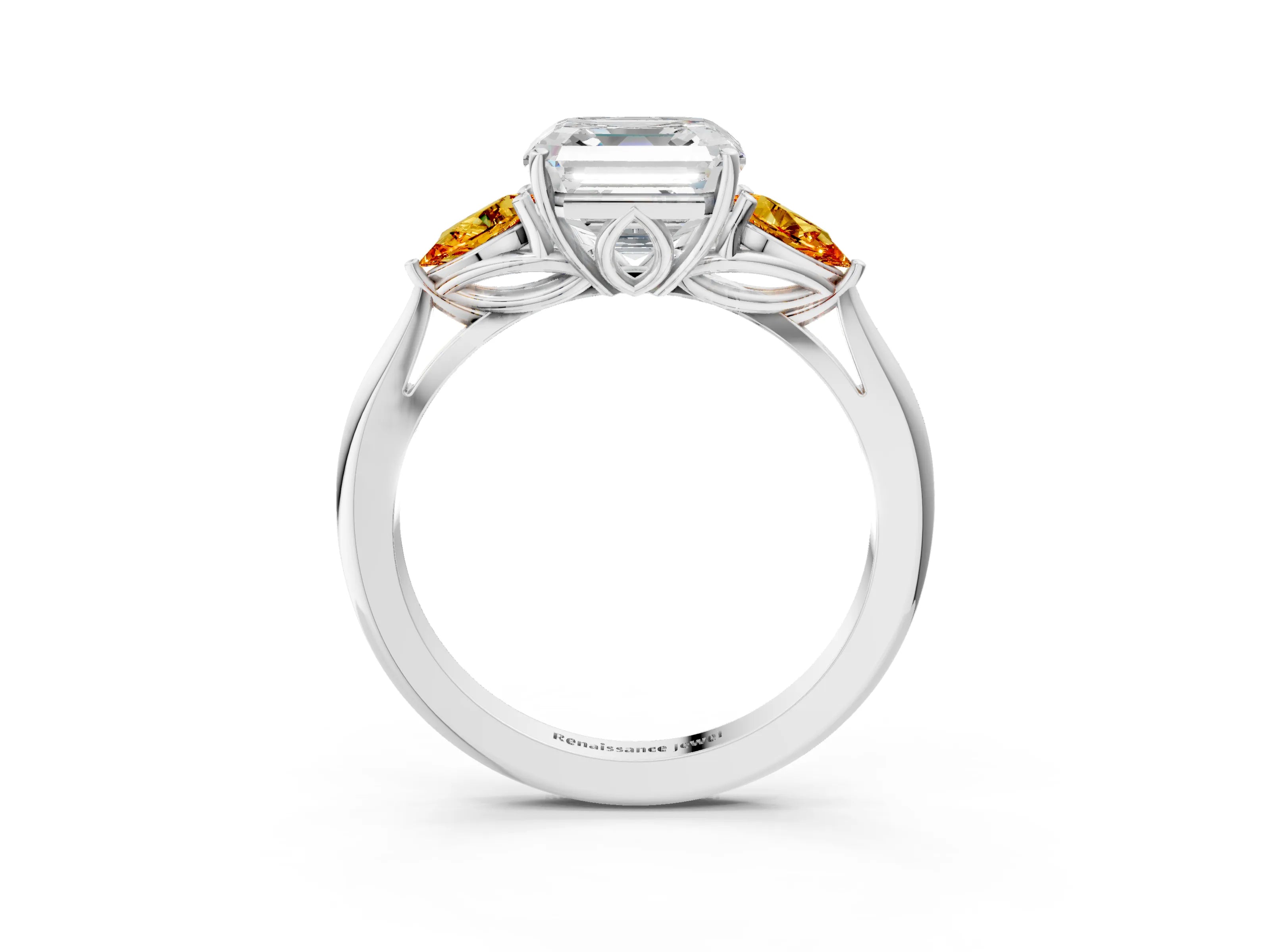White gold Asscher Cut Diamond Three-Stone Ring with Pear with Citrine side stone Side Stones and Prong Setting_39