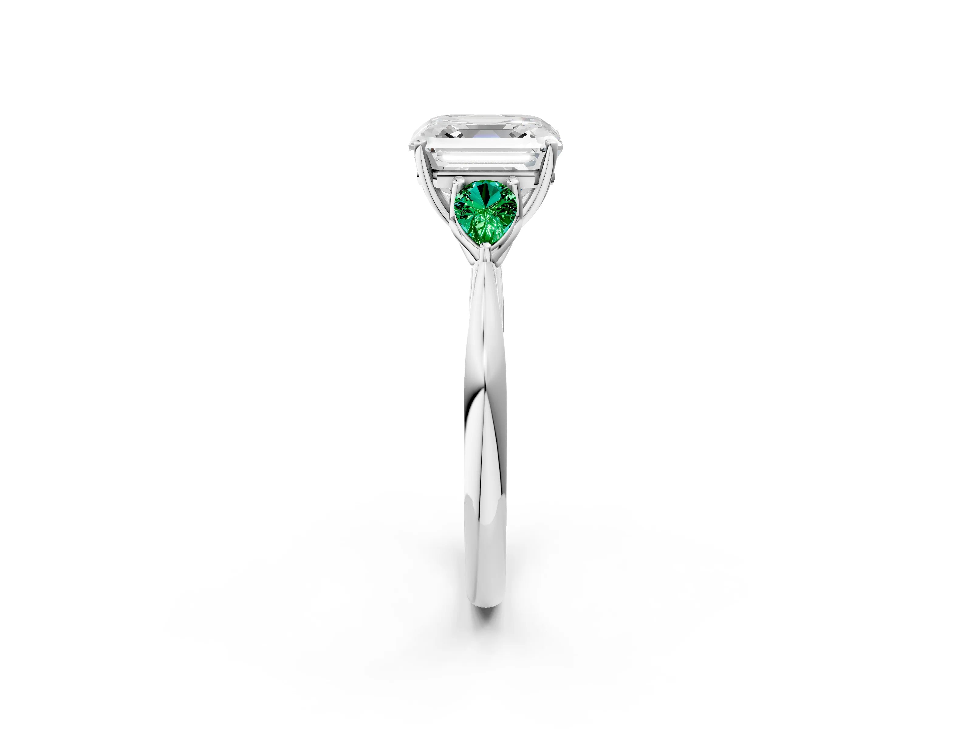 White gold Asscher Cut Diamond Three-Stone Ring with Pear with Emerald side stone Side Stones and Prong Setting_26