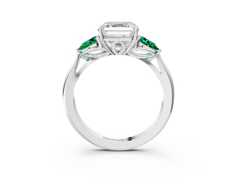 White gold Asscher Cut Diamond Three-Stone Ring with Pear with Emerald side stone Side Stones and Prong Setting_27