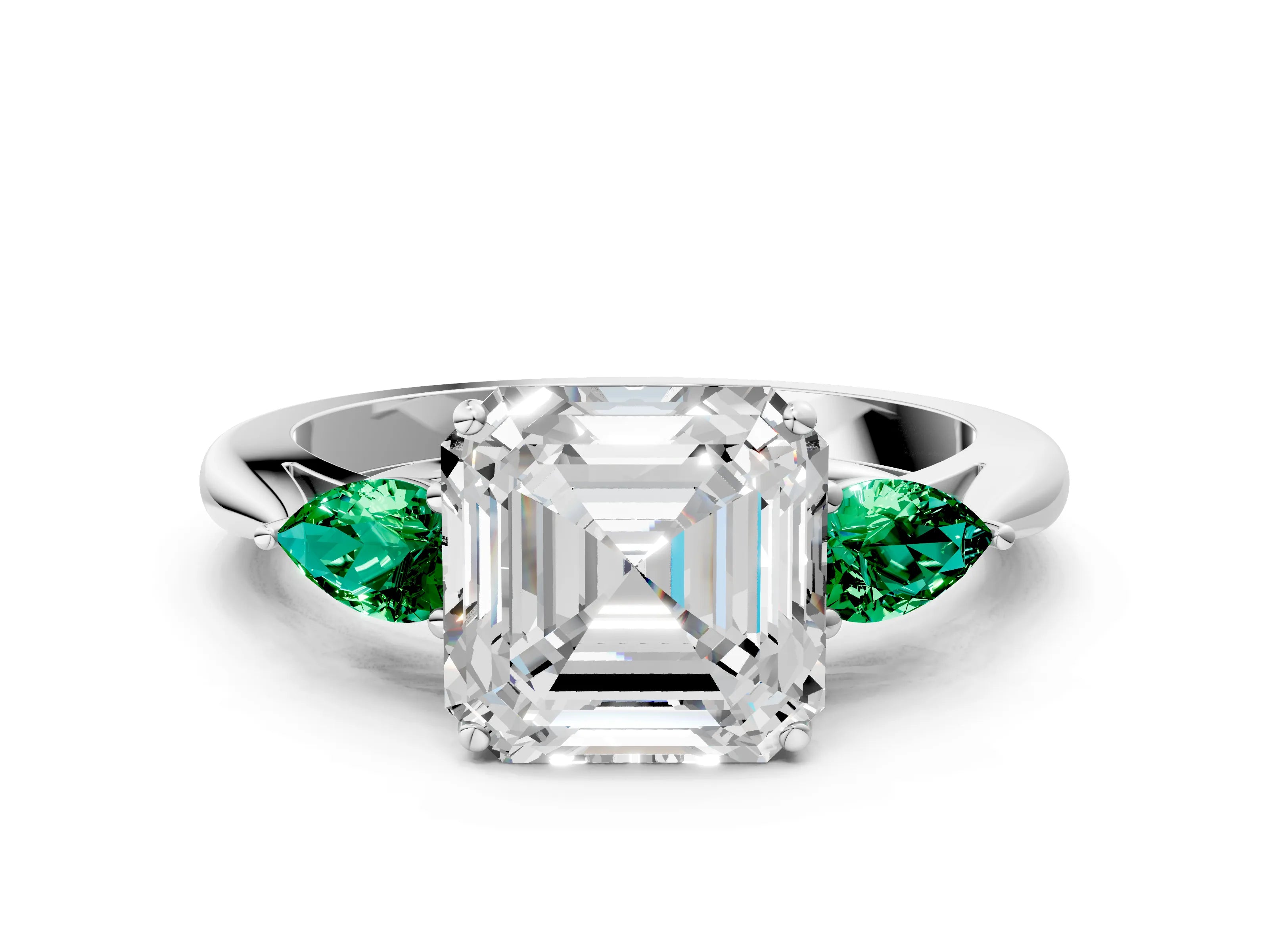 White gold Asscher Cut Diamond Three-Stone Ring with Pear with Emerald side stone Side Stones and Prong Setting_36