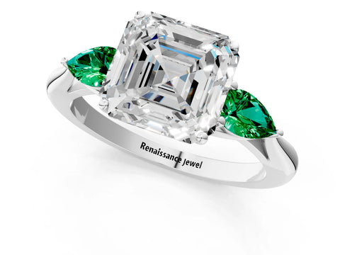 White gold Asscher Cut Diamond Three-Stone Ring with Pear with Emerald side stone Side Stones and Prong Setting_37