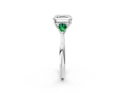 White gold Asscher Cut Diamond Three-Stone Ring with Pear with Emerald side stone Side Stones and Prong Setting_38