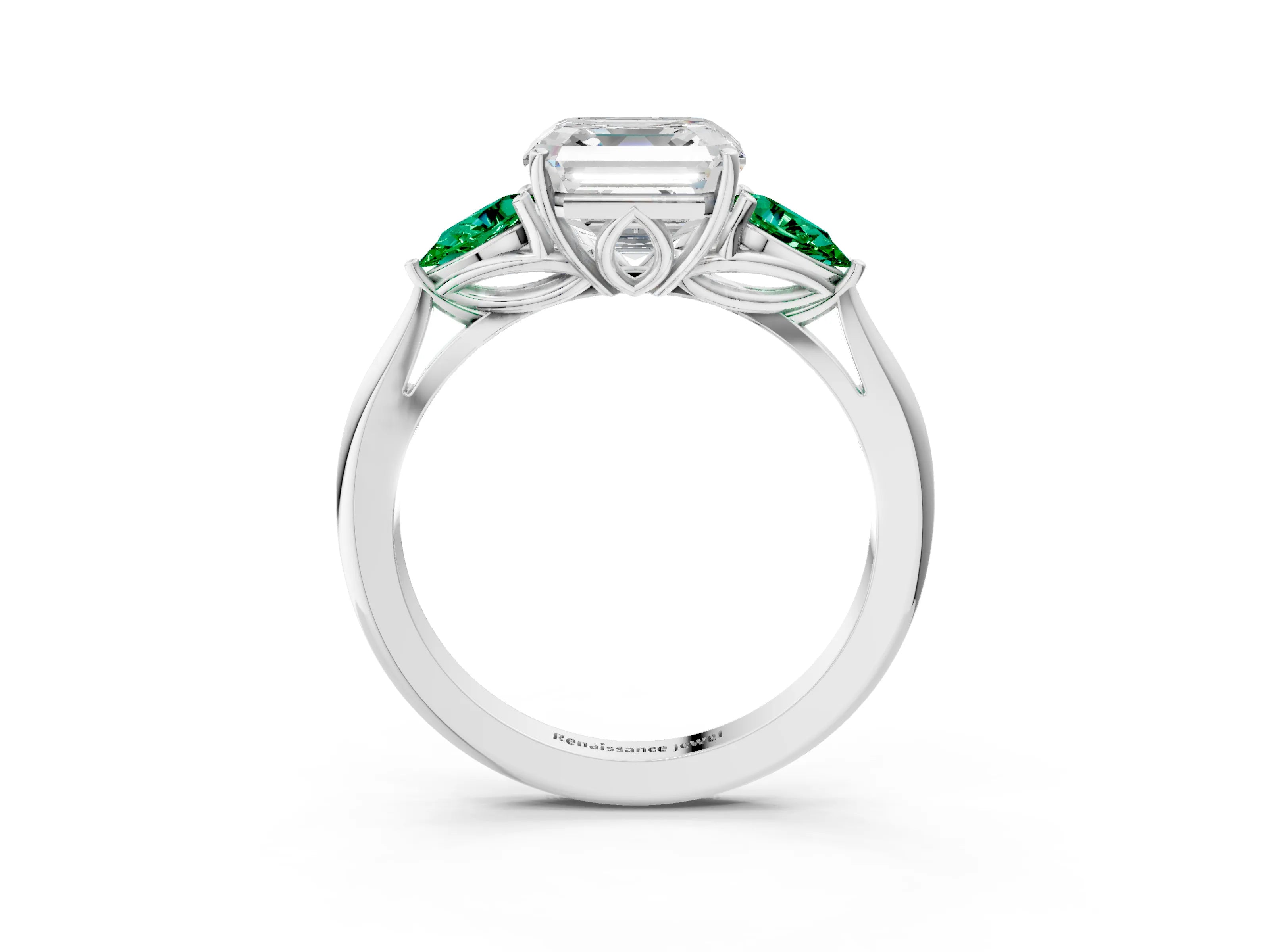 White gold Asscher Cut Diamond Three-Stone Ring with Pear with Emerald side stone Side Stones and Prong Setting_39