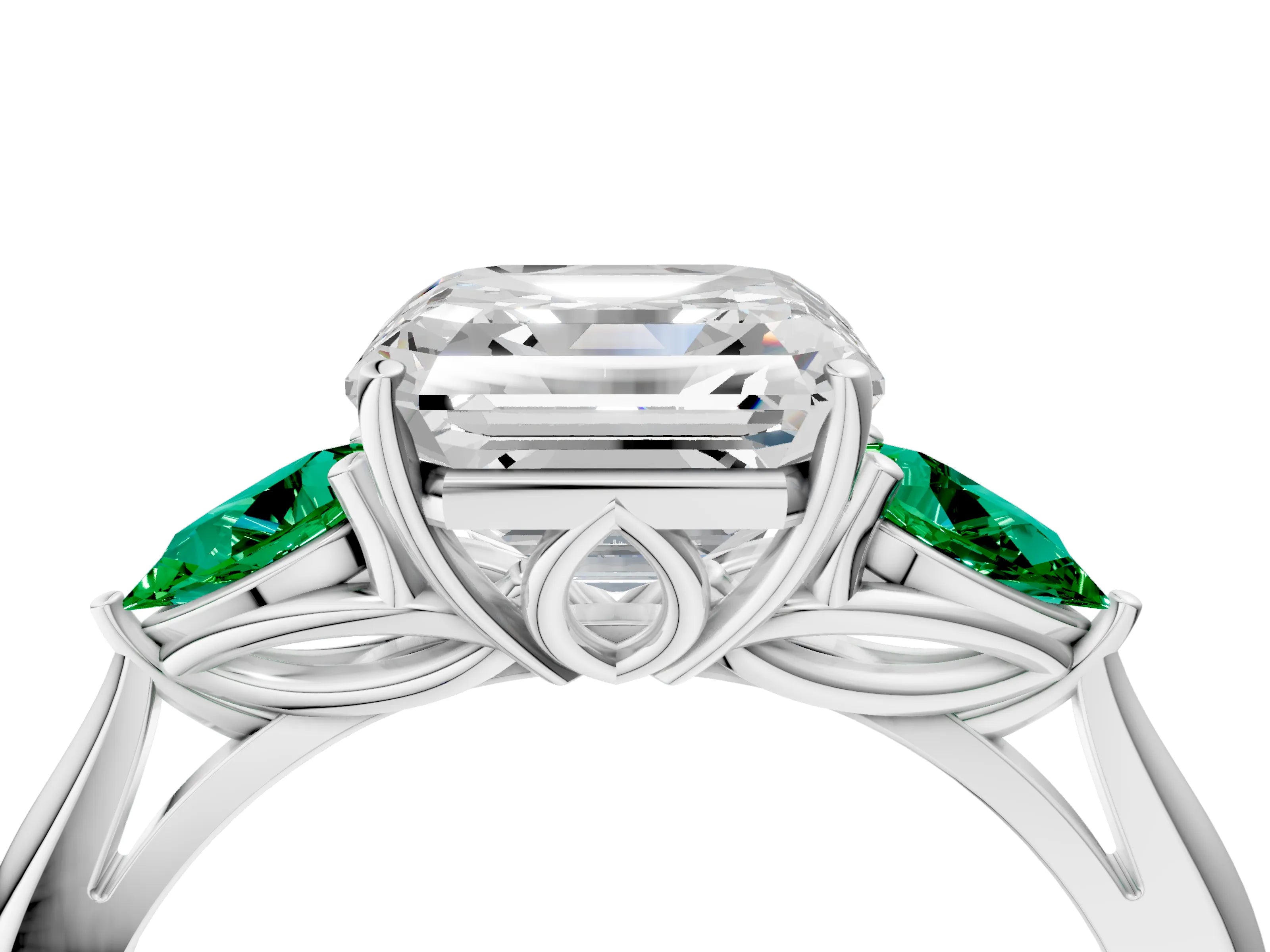 White gold Asscher Cut Diamond Three-Stone Ring with Pear with Emerald side stone Side Stones and Prong Setting_40