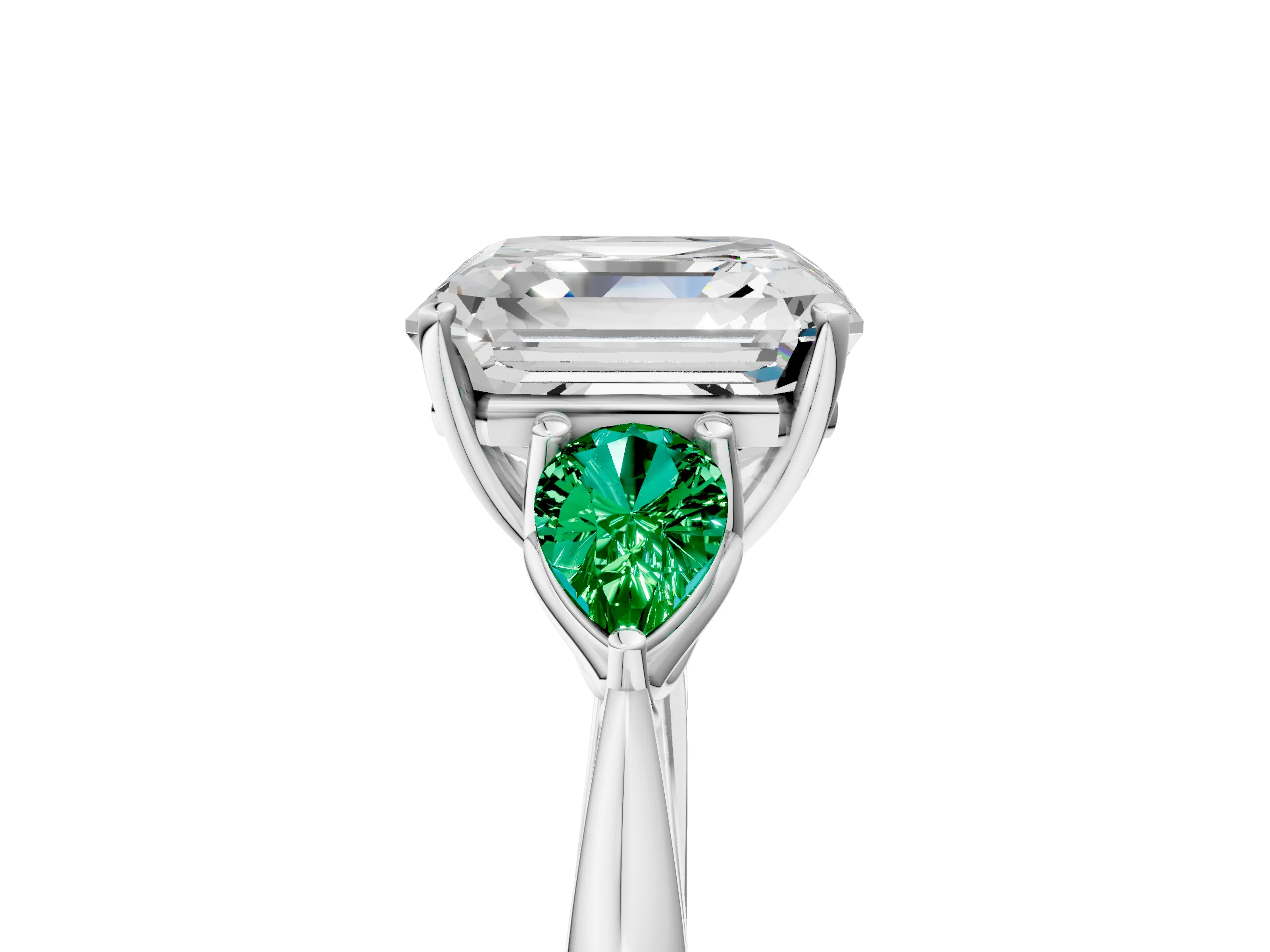 White gold Asscher Cut Diamond Three-Stone Ring with Pear with Emerald side stone Side Stones and Prong Setting_41