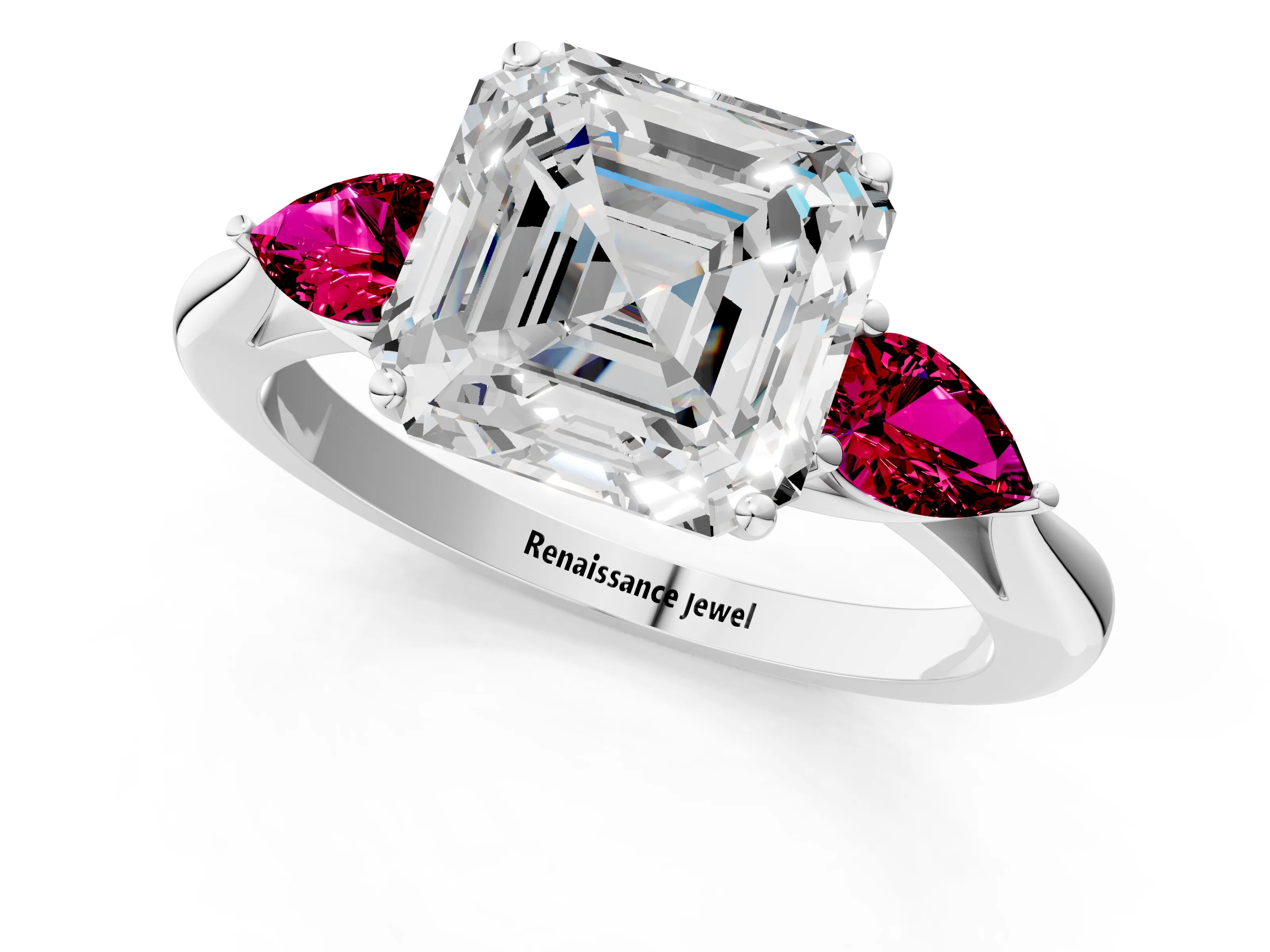 White gold Asscher Cut Diamond Three-Stone Ring with Pear with Garnet side stone Side Stones and Prong Setting_37