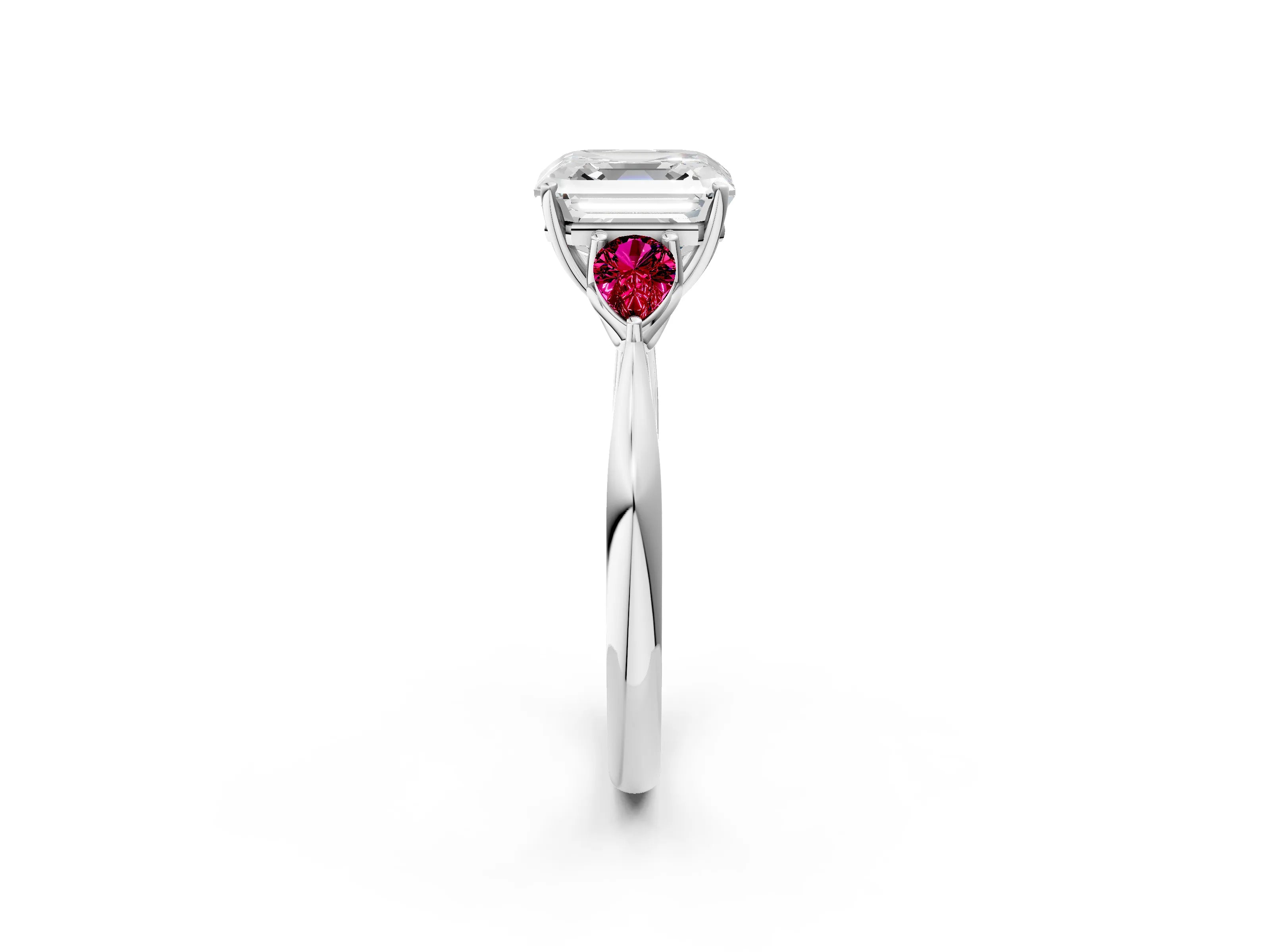White gold Asscher Cut Diamond Three-Stone Ring with Pear with Garnet side stone Side Stones and Prong Setting_38