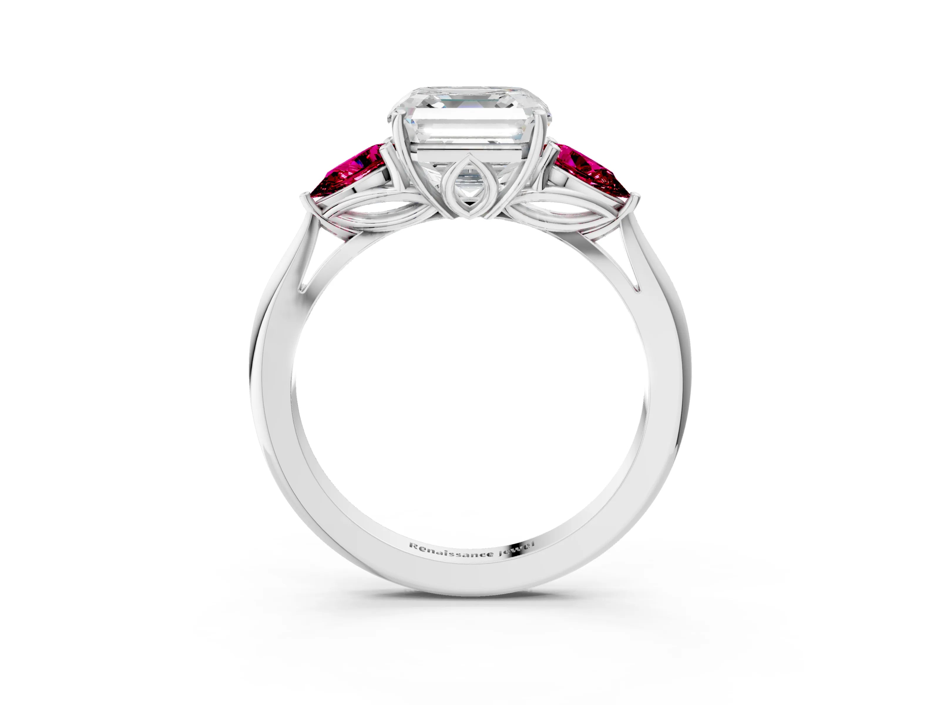 White gold Asscher Cut Diamond Three-Stone Ring with Pear with Garnet side stone Side Stones and Prong Setting_39
