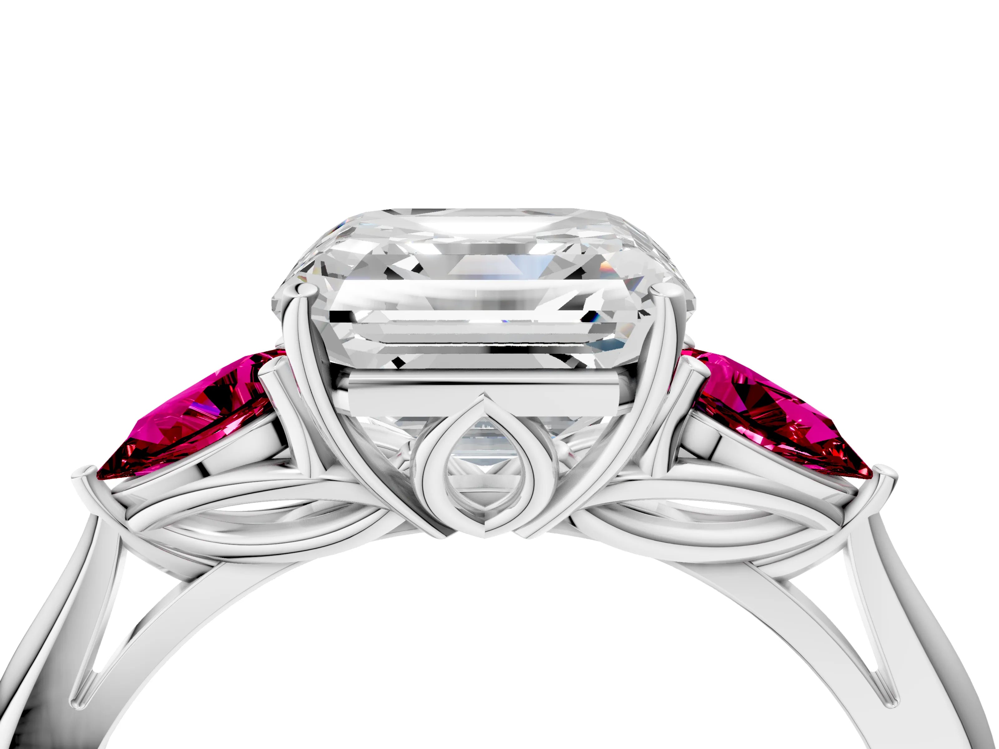 White gold Asscher Cut Diamond Three-Stone Ring with Pear with Garnet side stone Side Stones and Prong Setting_40
