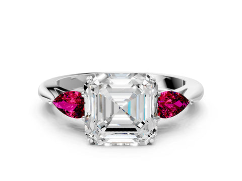 White gold Asscher Cut Diamond Three-Stone Ring with Pear with Garnet side stone Side Stones and Prong Setting_48