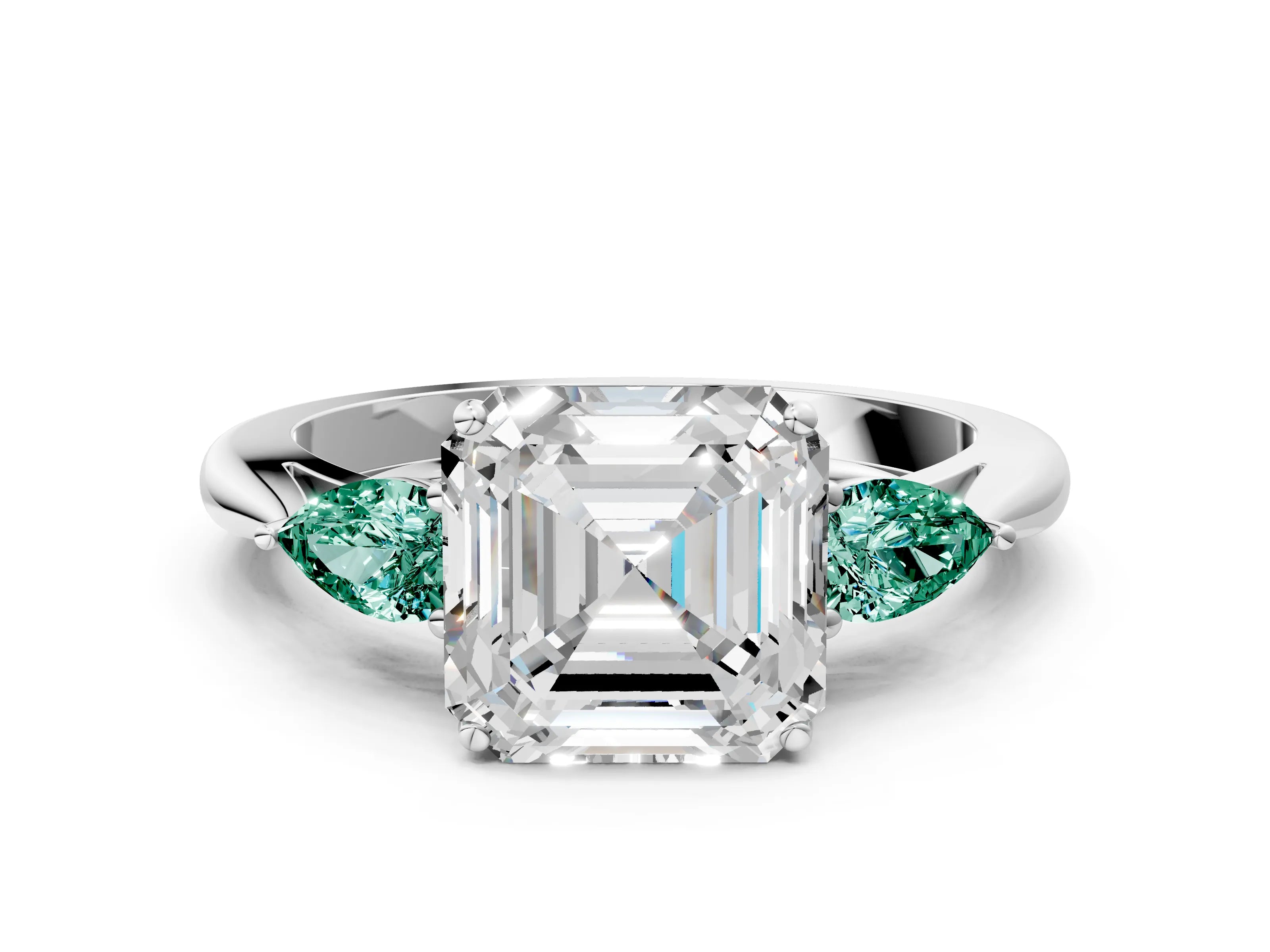 White gold Asscher Cut Diamond Three-Stone Ring with Pear with Green Sapphire side stone Side Stones and Prong Setting_45