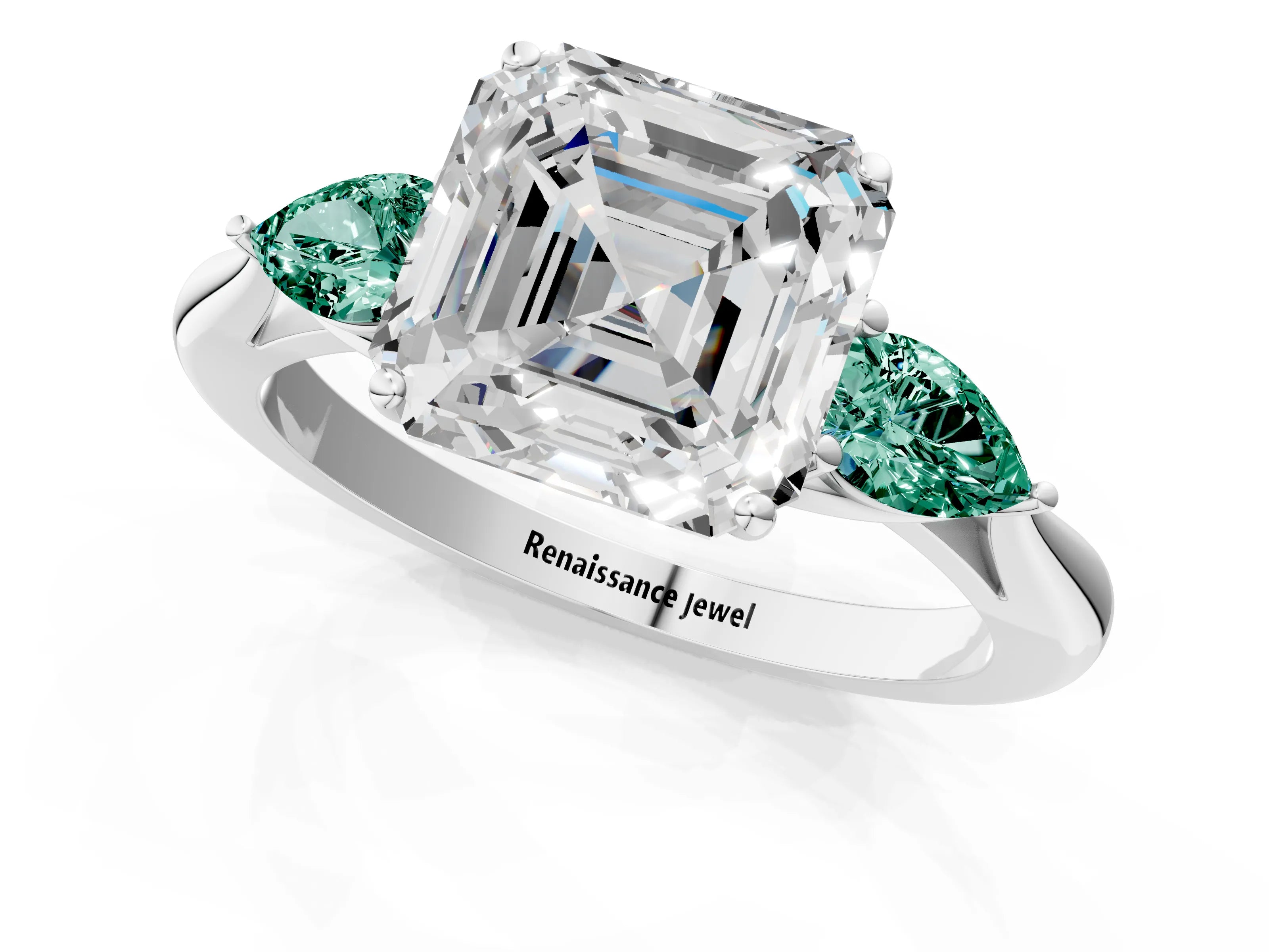 White gold Asscher Cut Diamond Three-Stone Ring with Pear with Green Sapphire side stone Side Stones and Prong Setting_46