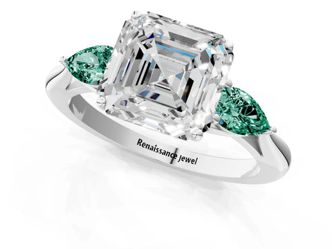 White gold Asscher Cut Diamond Three-Stone Ring with Pear with Green Sapphire side stone Side Stones and Prong Setting_49