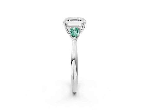 White gold Asscher Cut Diamond Three-Stone Ring with Pear with Green Sapphire side stone Side Stones and Prong Setting_50