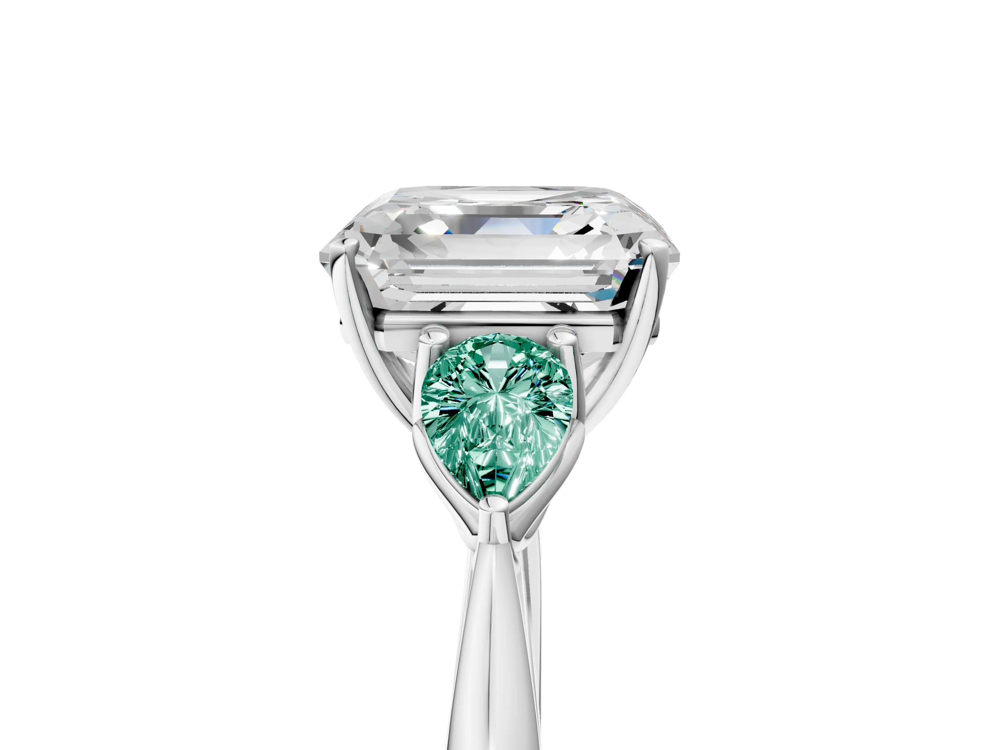White gold Asscher Cut Diamond Three-Stone Ring with Pear with Green Sapphire side stone Side Stones and Prong Setting_53