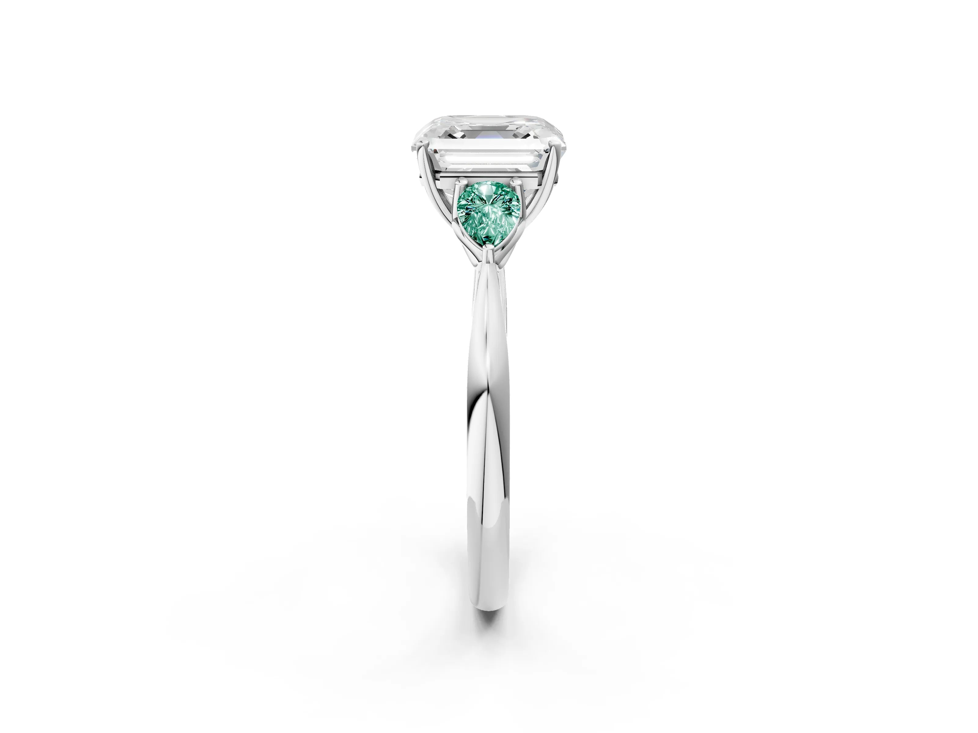 White gold Asscher Cut Diamond Three-Stone Ring with Pear with Green Sapphire side stone Side Stones and Prong Setting_56