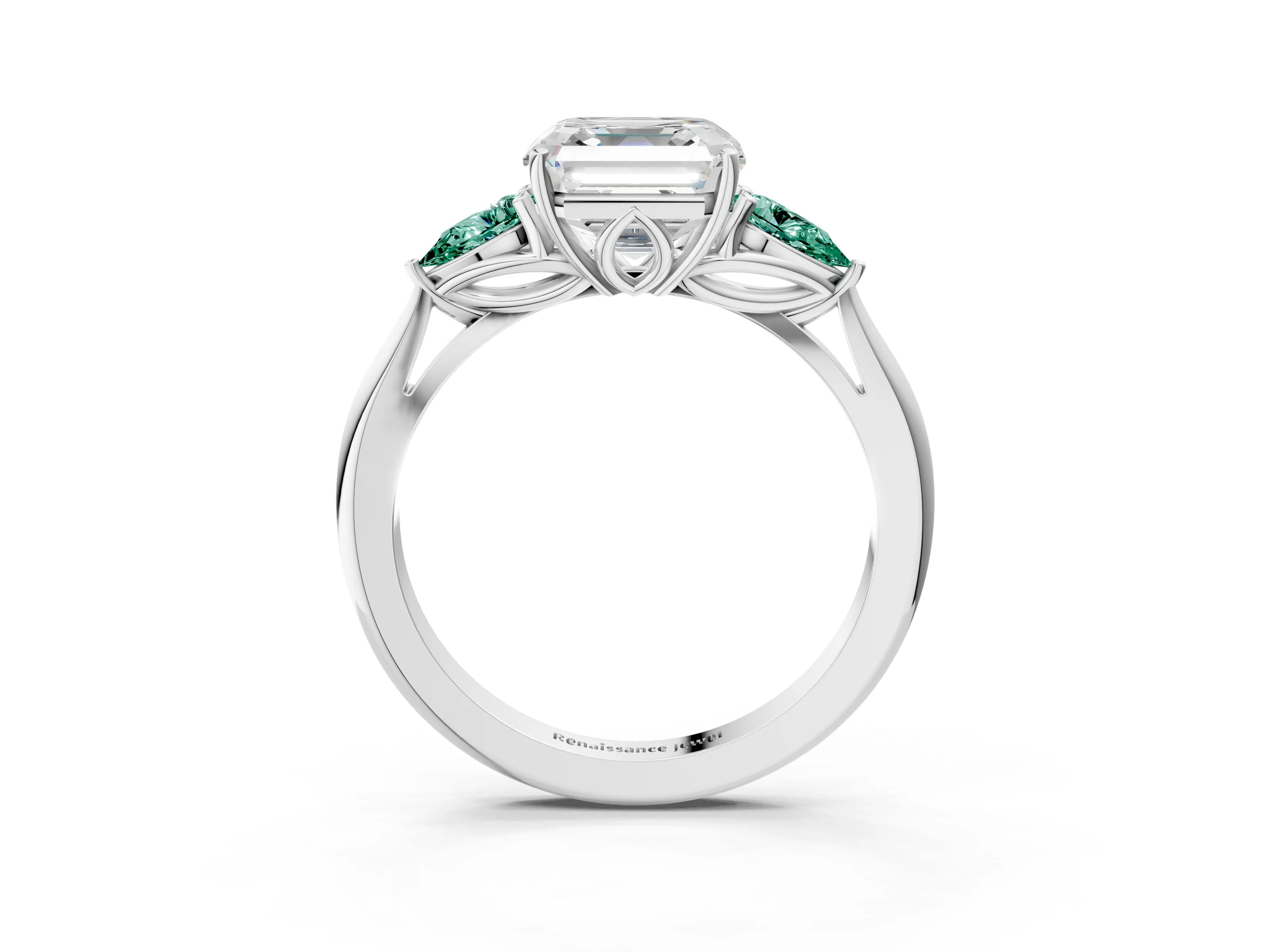 White gold Asscher Cut Diamond Three-Stone Ring with Pear with Green Sapphire side stone Side Stones and Prong Setting_57