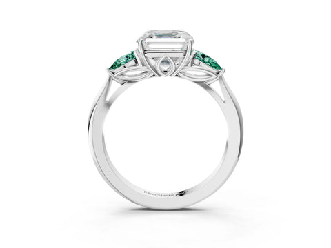 White gold Asscher Cut Diamond Three-Stone Ring with Pear with Green Sapphire side stone Side Stones and Prong Setting_57