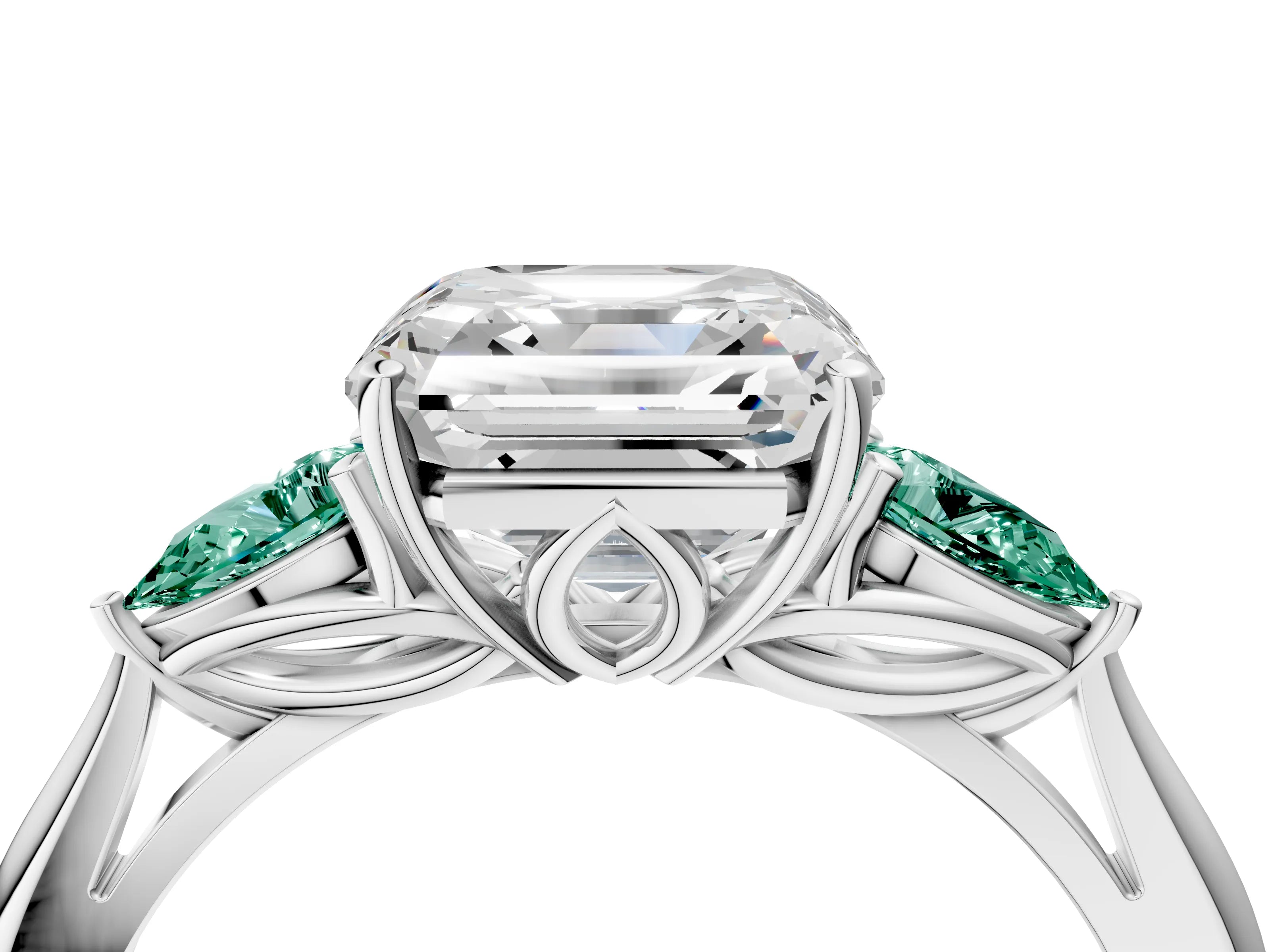 White gold Asscher Cut Diamond Three-Stone Ring with Pear with Green Sapphire side stone Side Stones and Prong Setting_58
