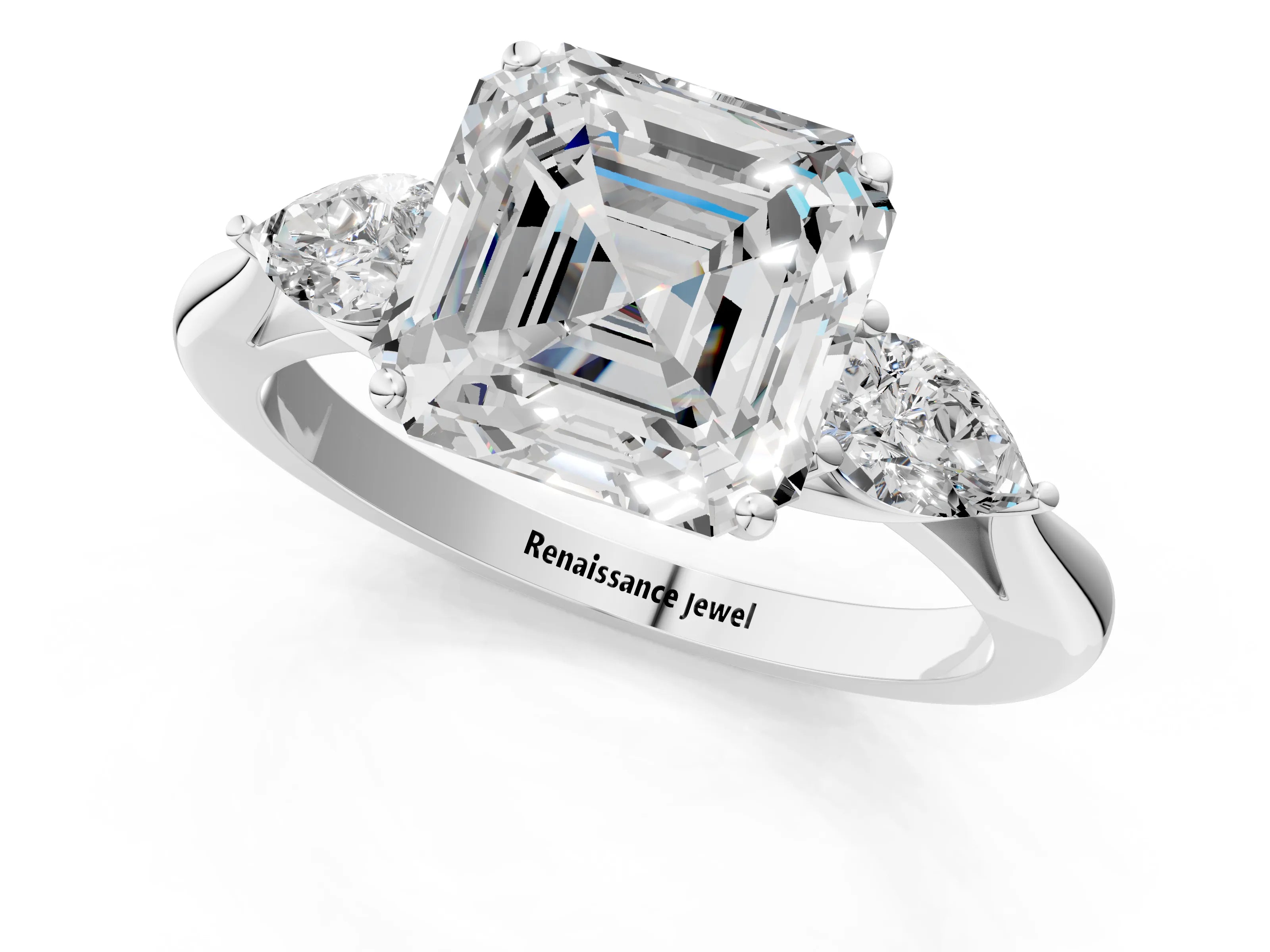 White gold Asscher Cut Diamond Three-Stone Ring with Pear with Moissanite side stone Side Stones and Prong Setting_13