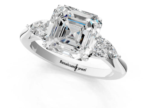 White gold Asscher Cut Diamond Three-Stone Ring with Pear with Moissanite side stone Side Stones and Prong Setting_13