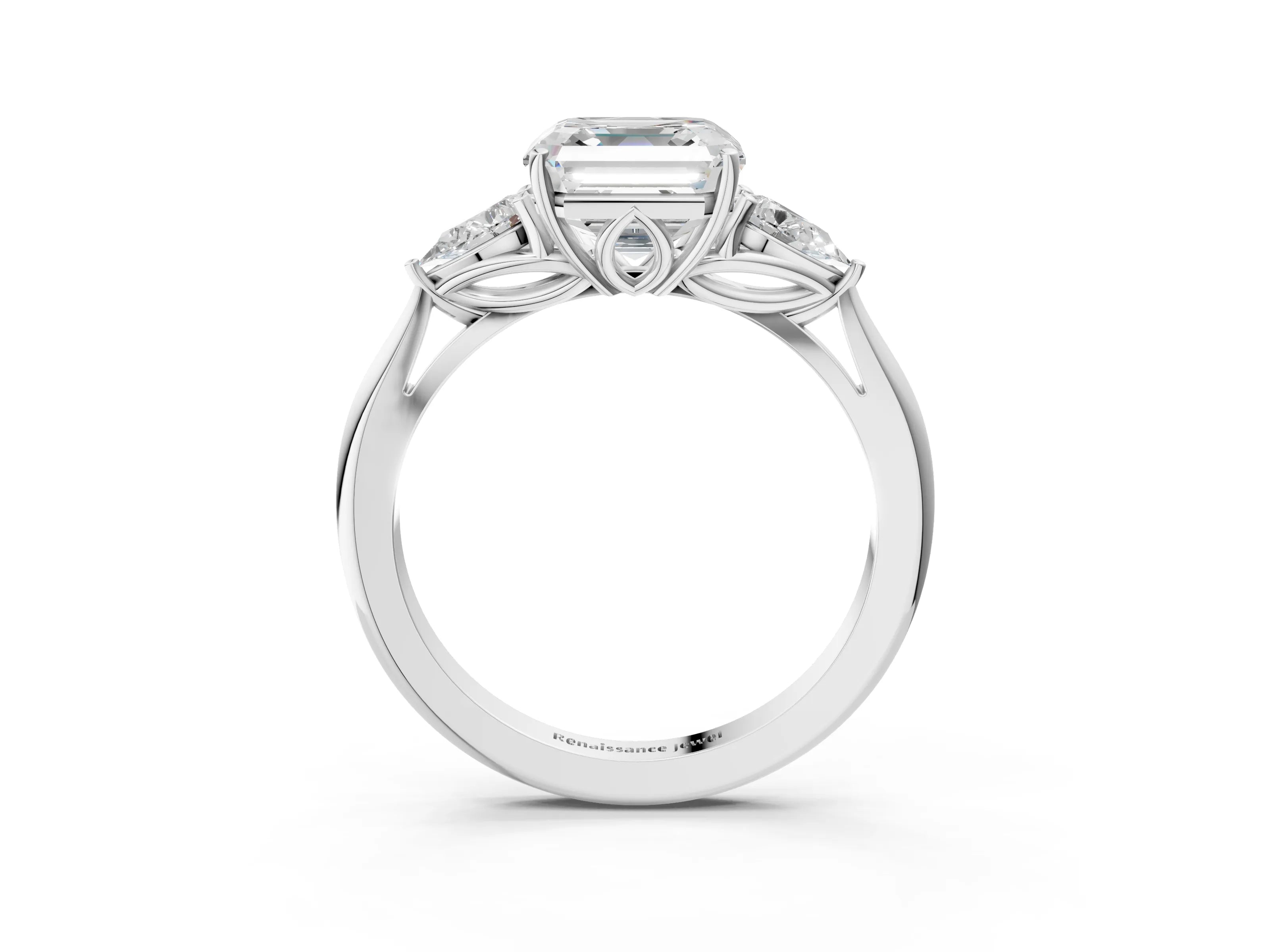 White gold Asscher Cut Diamond Three-Stone Ring with Pear with Moissanite side stone Side Stones and Prong Setting_15