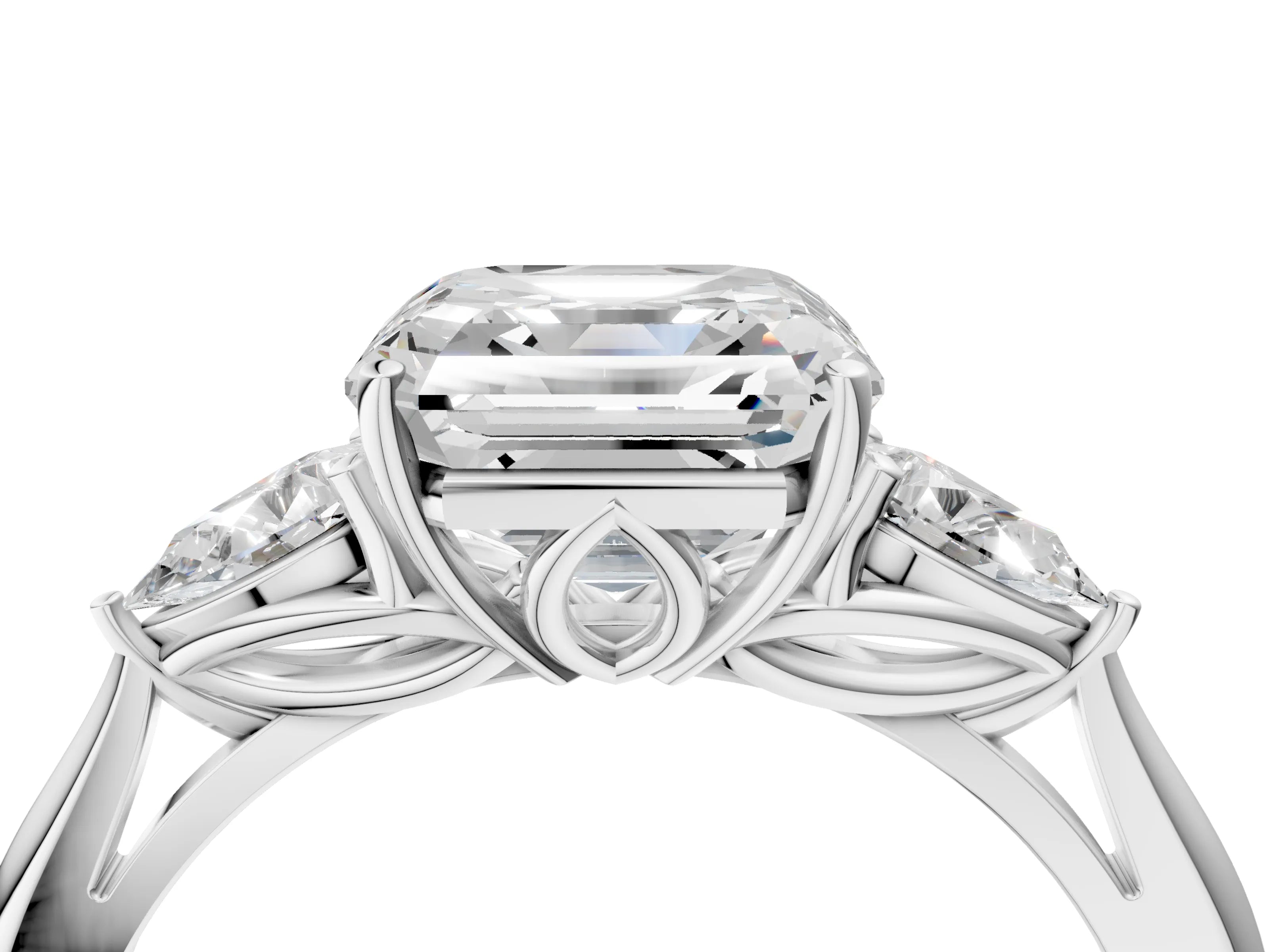 White gold Asscher Cut Diamond Three-Stone Ring with Pear with Moissanite side stone Side Stones and Prong Setting_28