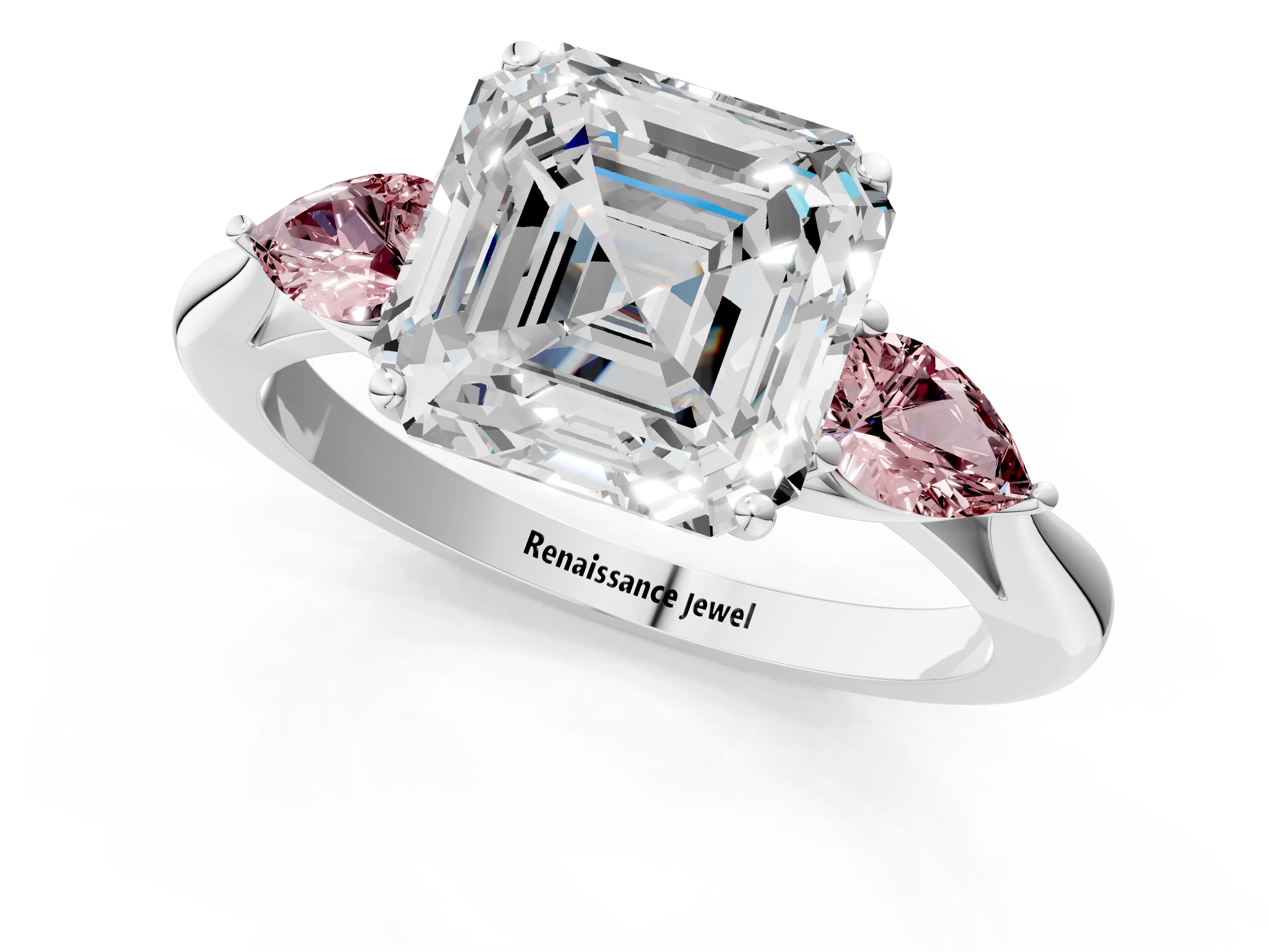 White gold Asscher Cut Diamond Three-Stone Ring with Pear with Morganite side stone Side Stones and Prong Setting_25